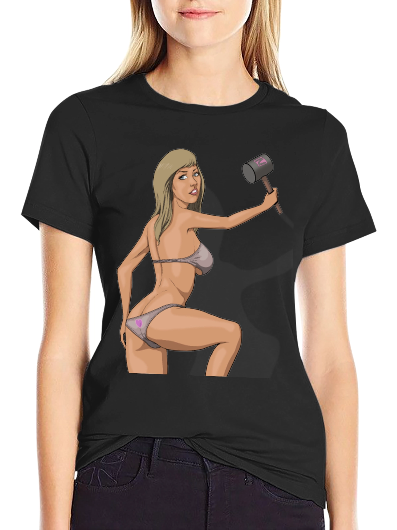Black Humorous Graphic Tee - Sexy Woman with Hammer view 2