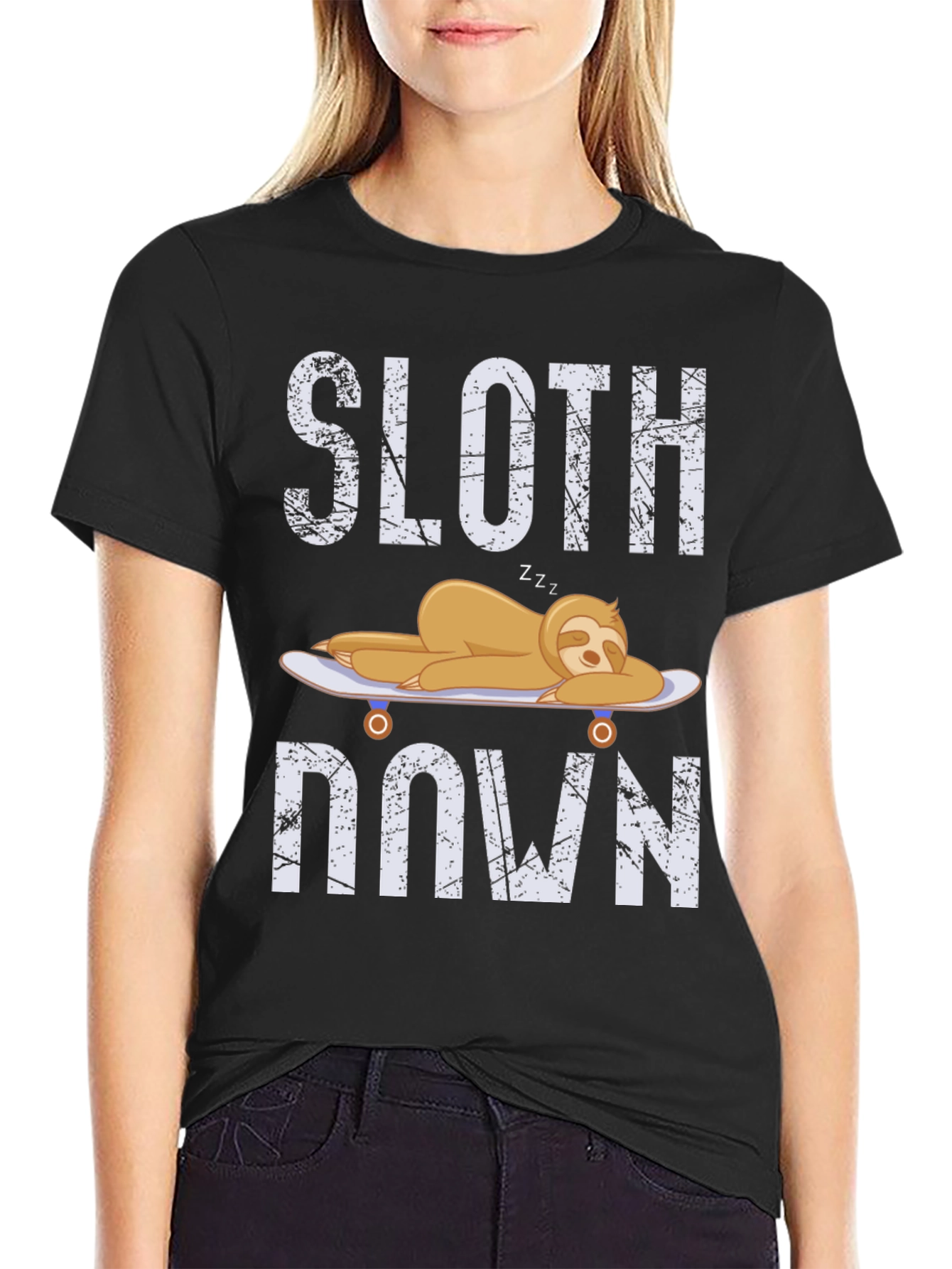 Black Sloth Down T-Shirt - Relaxed Lazy Graphic Tee view 2