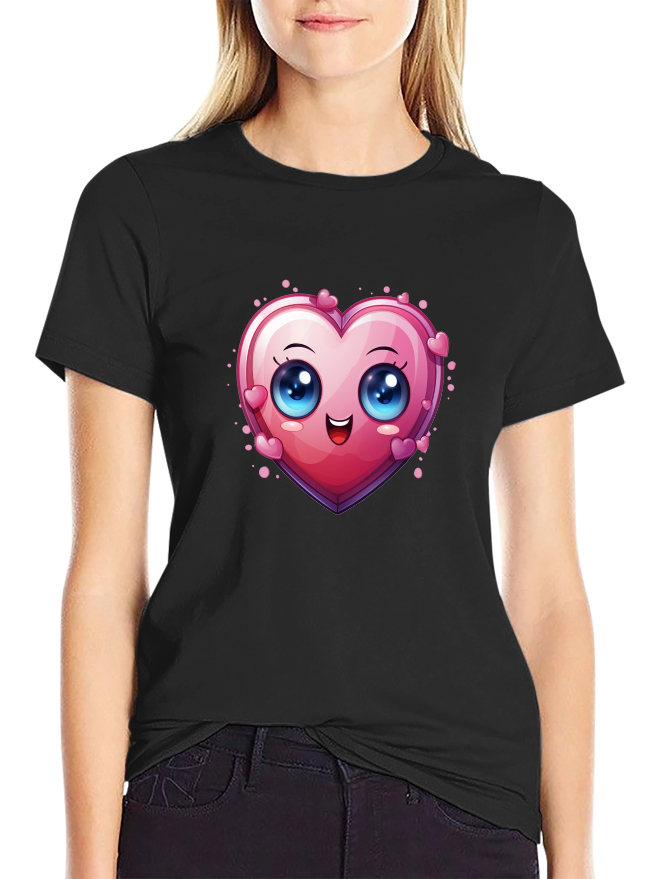 Black Cute Cartoon Heart Graphic T-Shirt view 2