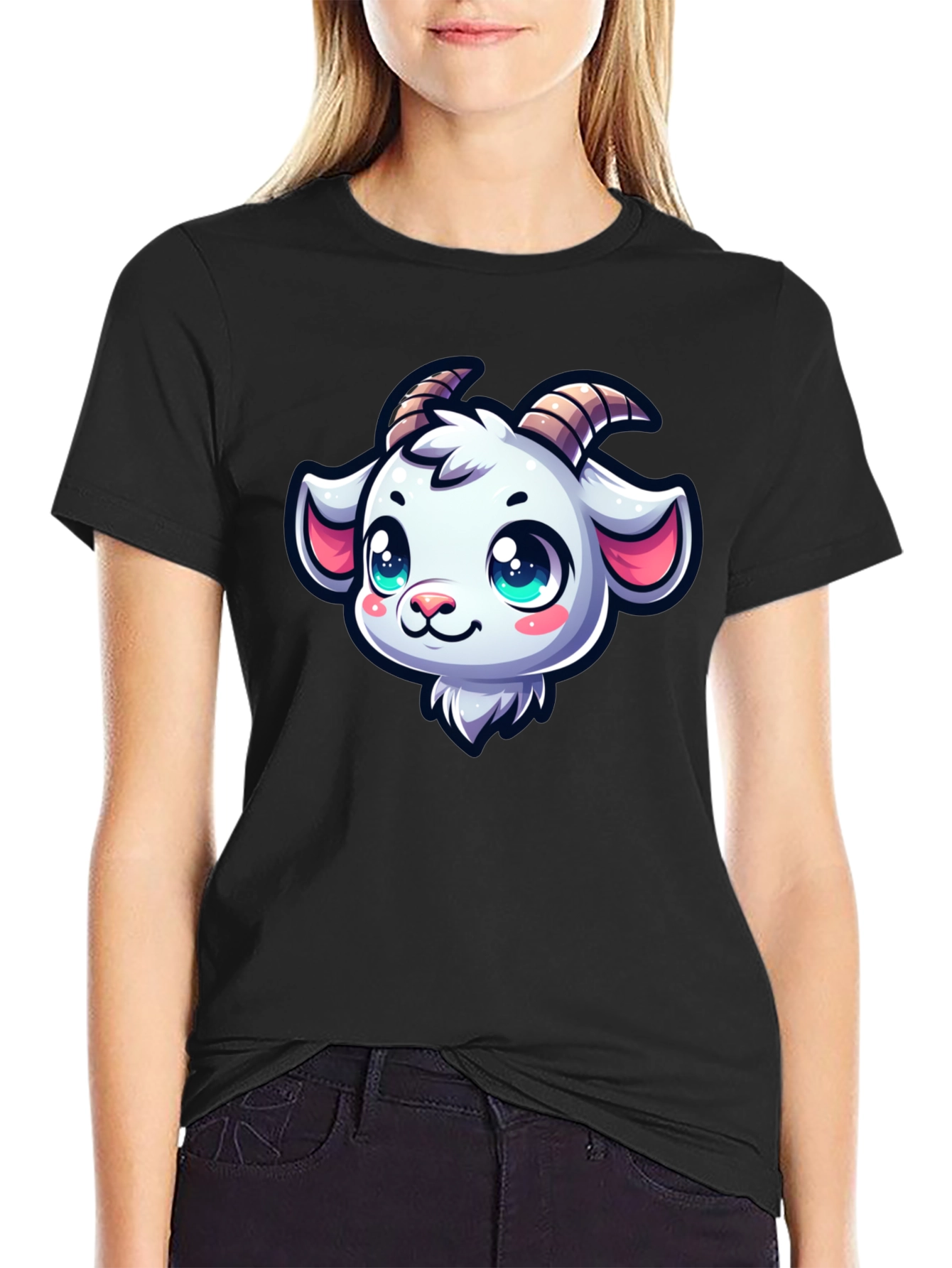 Black Goat Head Cartoon Black T-Shirt view 2