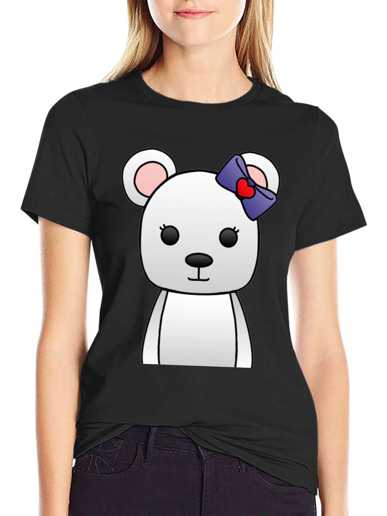 Black Cute Cartoon Bear T-Shirt - Unisex Black Tee view 2