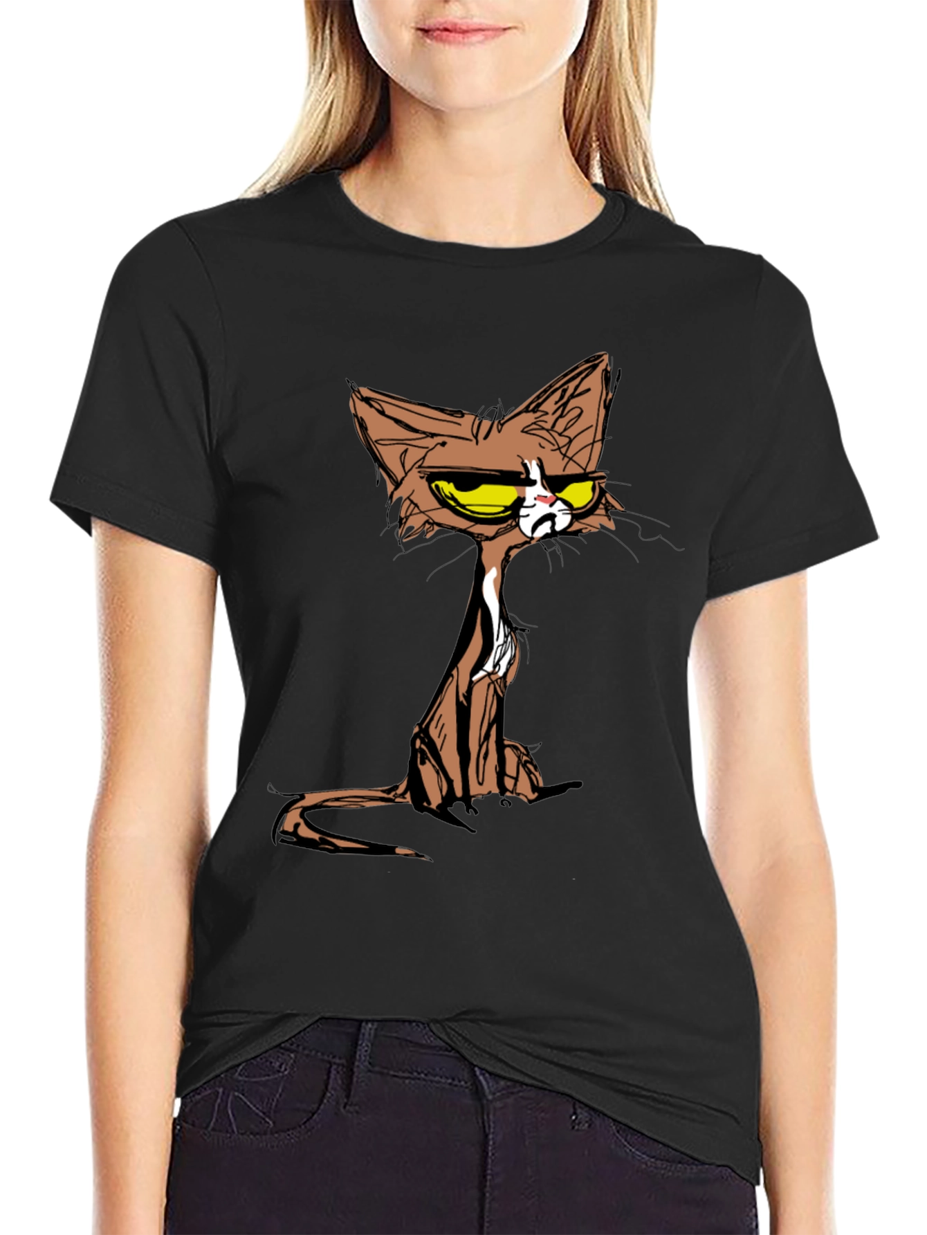 Black Grumpy Cat T-Shirt - Cartoon Style Tee view 2