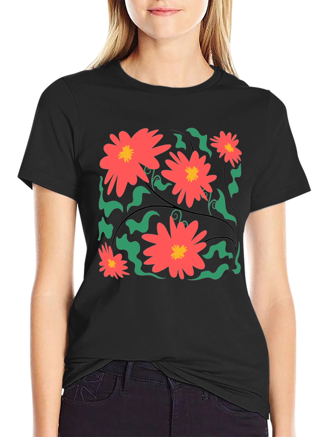 Black Floral Print Black T-Shirt view 2