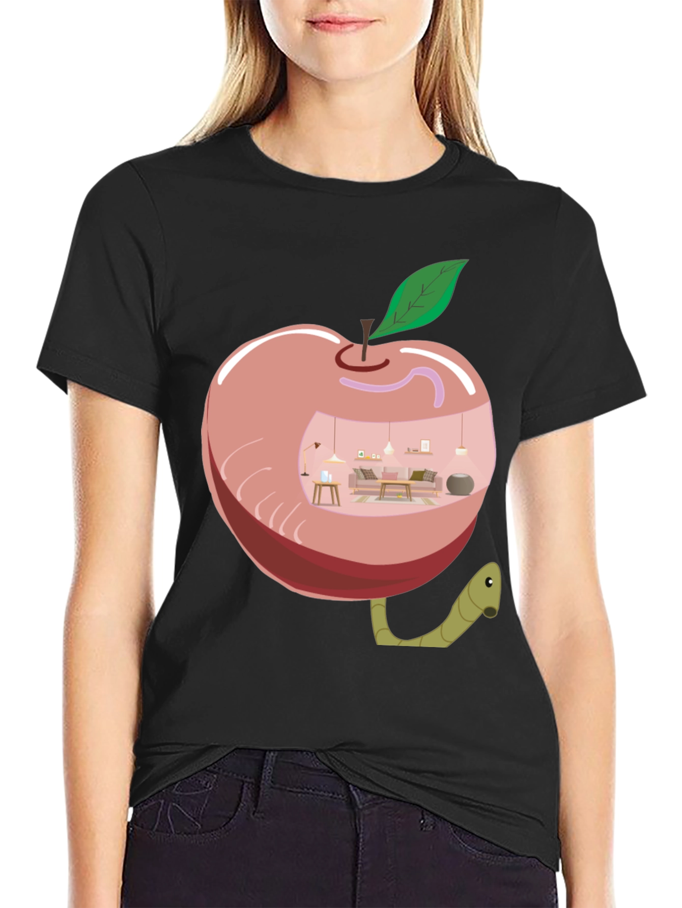 Black Apple Home Worm Tee - Unique Graphic T-Shirt view 2
