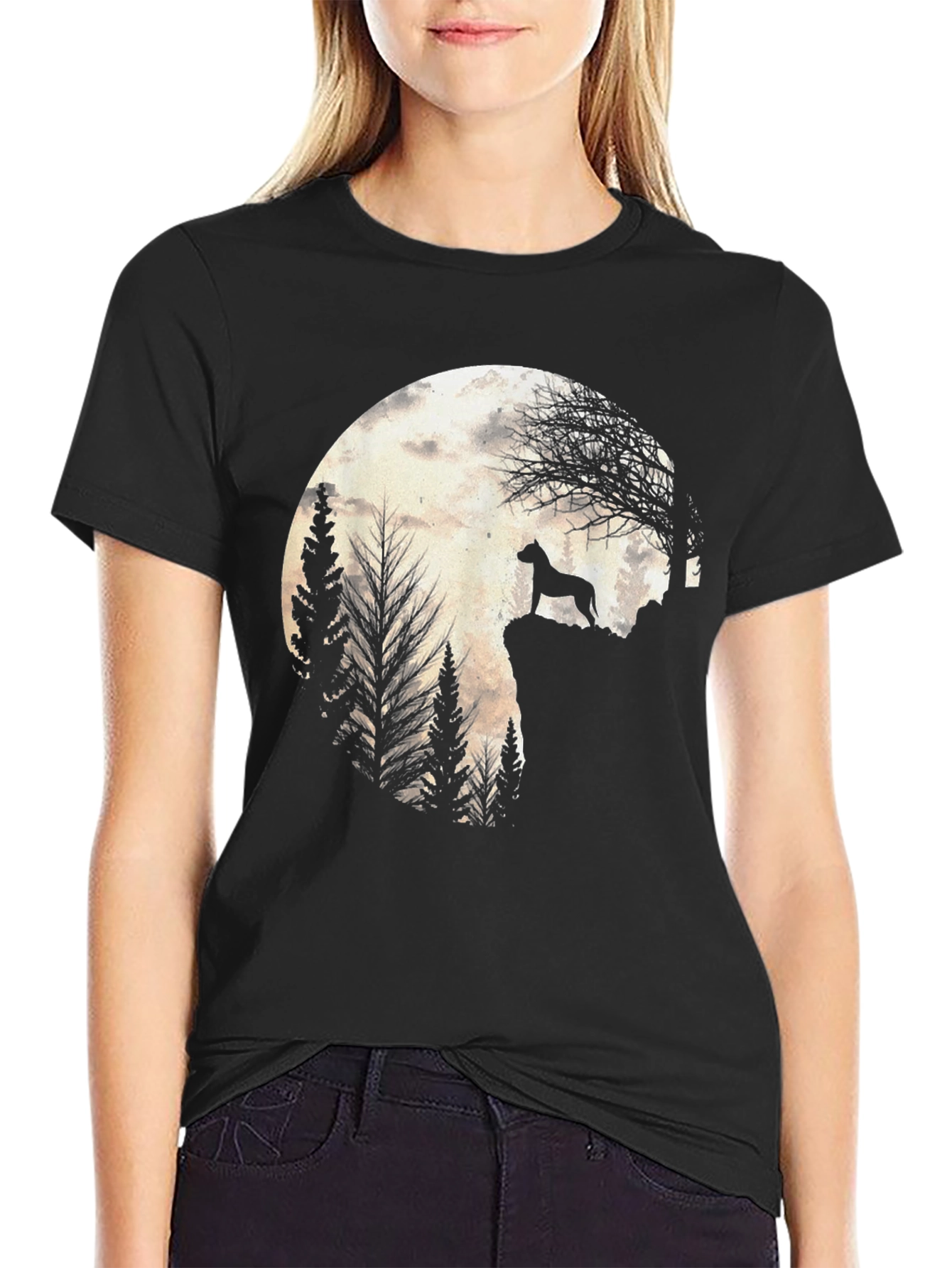 Black Dog Silhouette Moon Graphic Tee - Black view 2