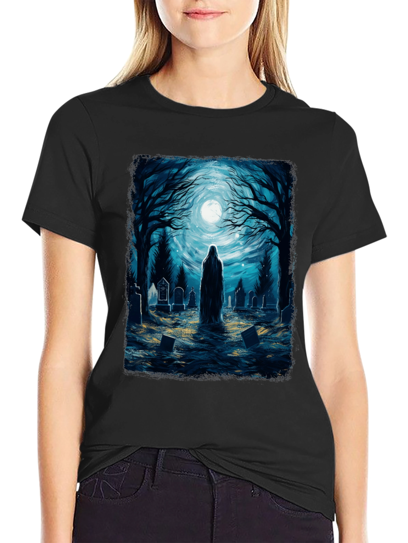 Black Ghostly Graveyard Tee - Spooky T-Shirt view 2