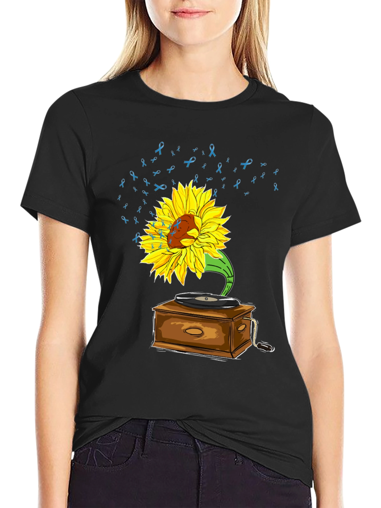 Black Sunflower Gramophone Tee - Awareness Ribbon Music Shirt view 2