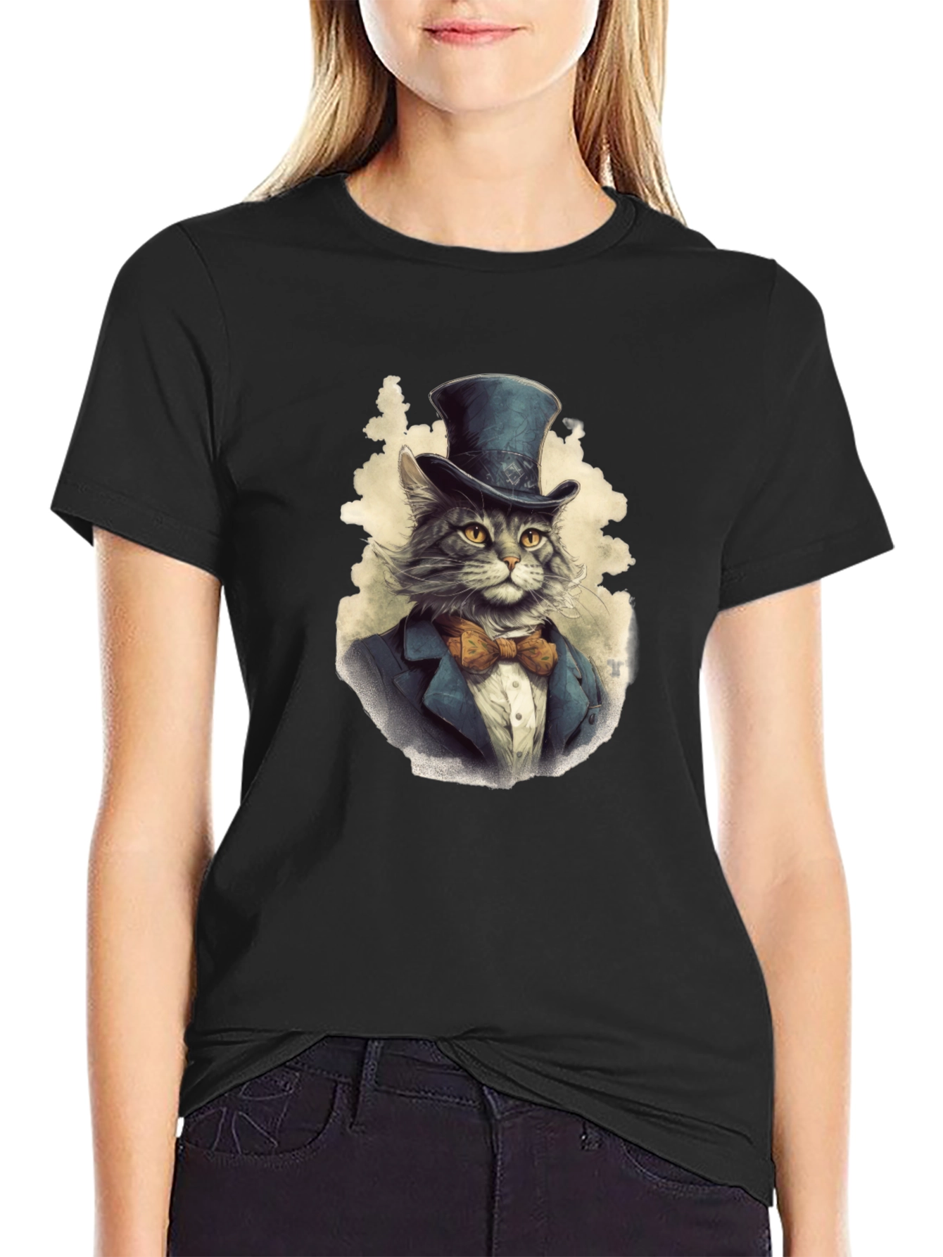 Black Dapper Cat Top Hat T-Shirt view 2