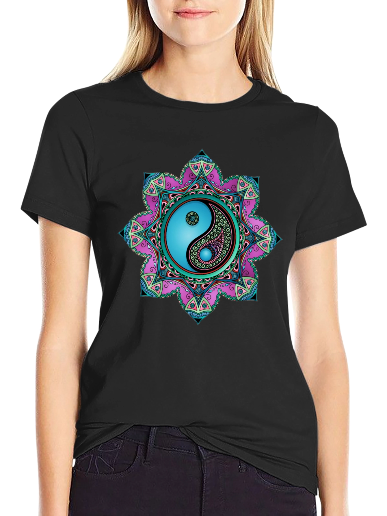 Black Yin Yang Mandala Graphic Tee - Black T-Shirt view 2