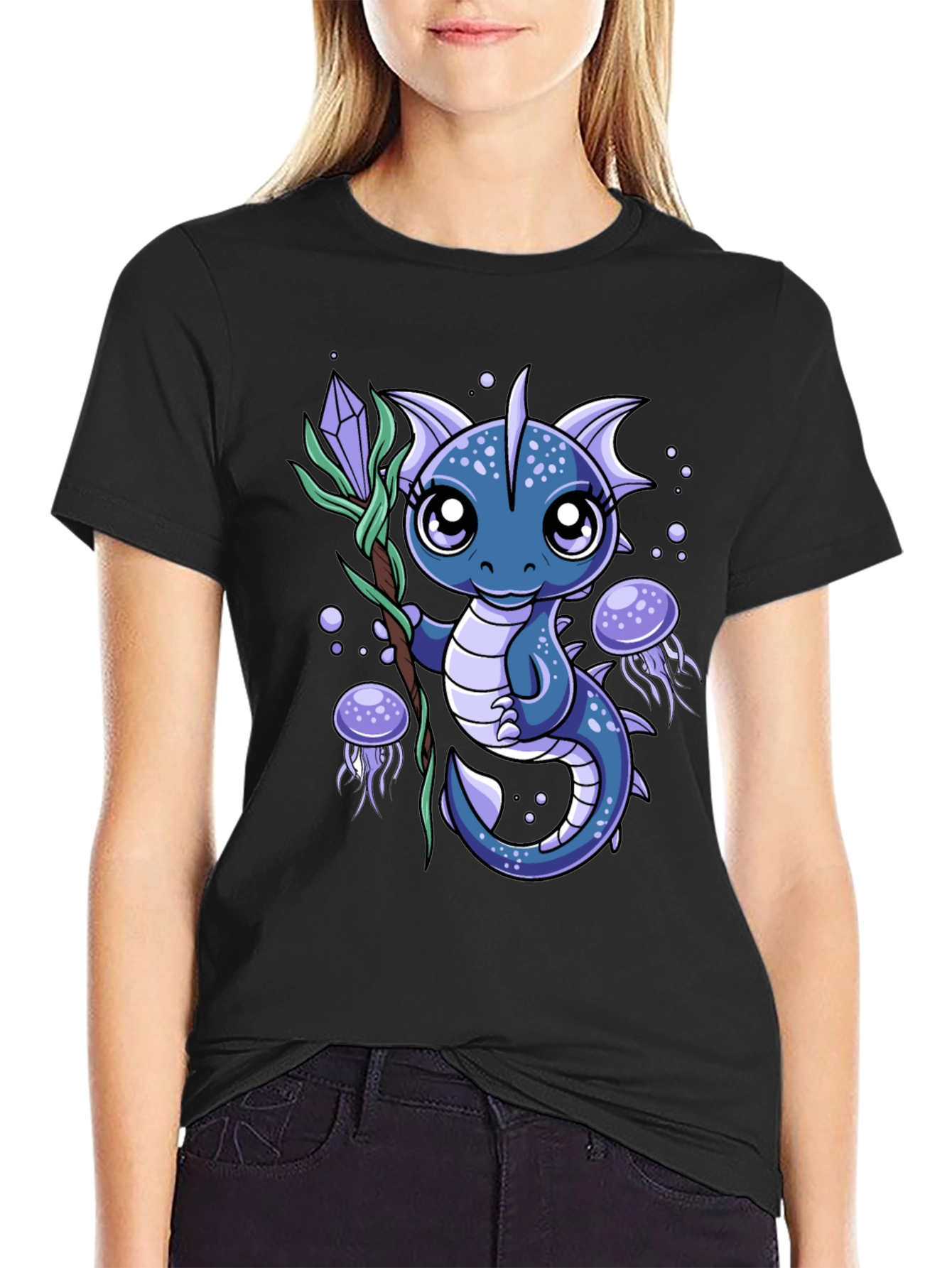 Black Cute Dragon Graphic Tee - Fantasy Creature Shirt view 2