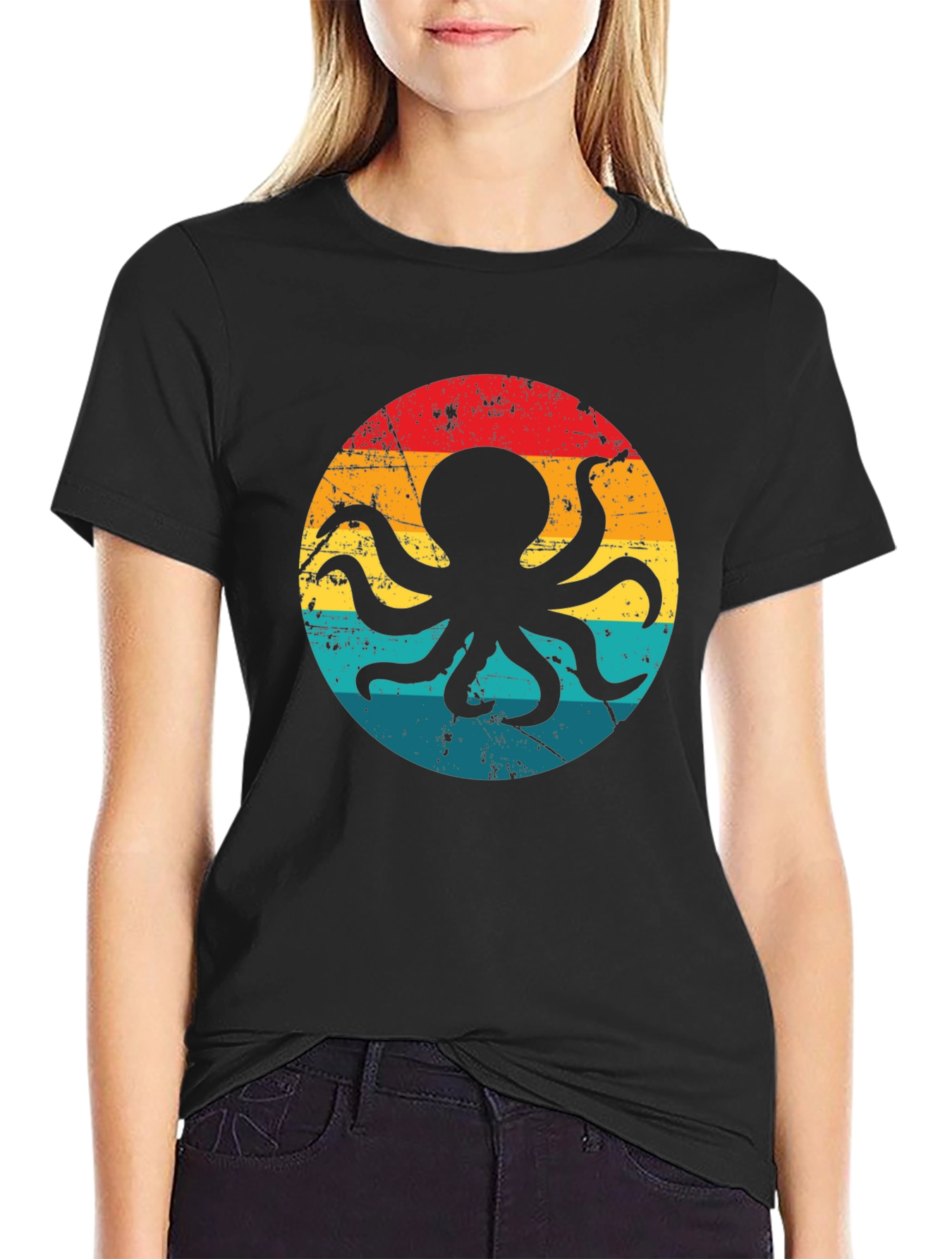 Black Retro Octopus Graphic T-Shirt - Black Cotton Blend view 2