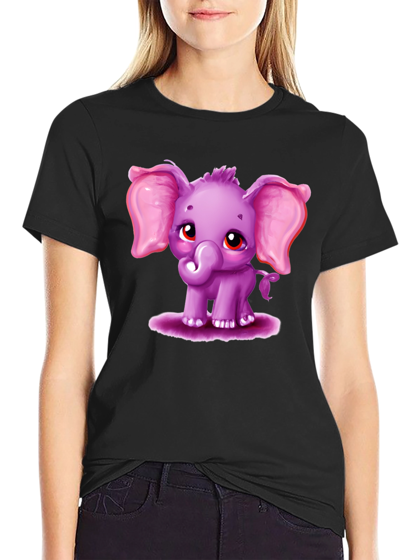 Black Cute Elephant Graphic Tee - Black Cotton Shirt view 2