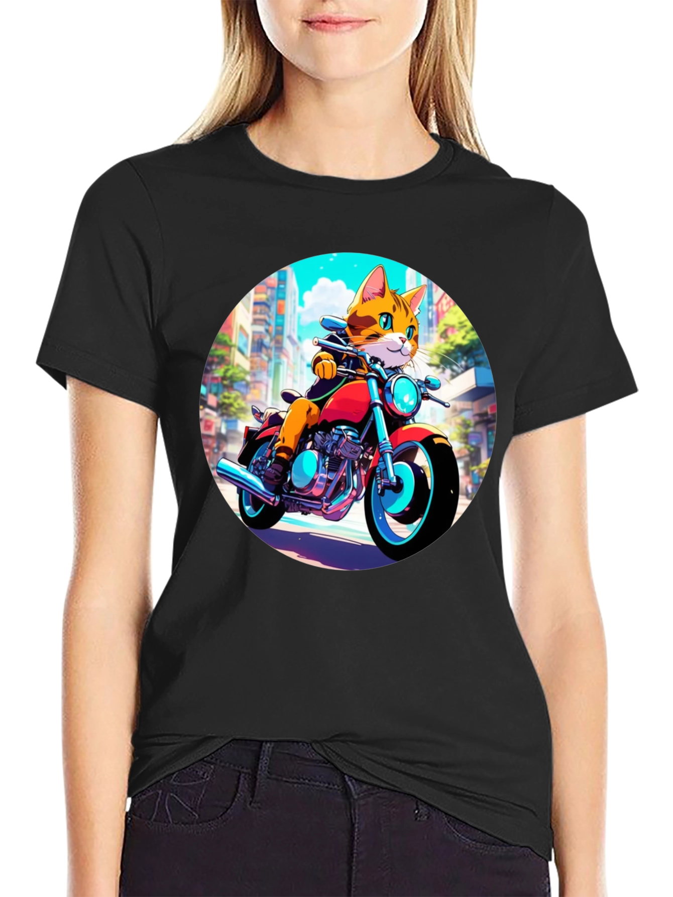 Black Cool Cat Motorcycle Rider Graphic T-Shirt view 2