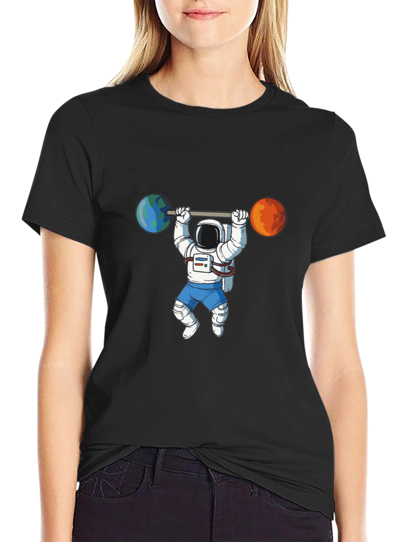 Black Astronaut Lifting Planets Graphic Tee view 2