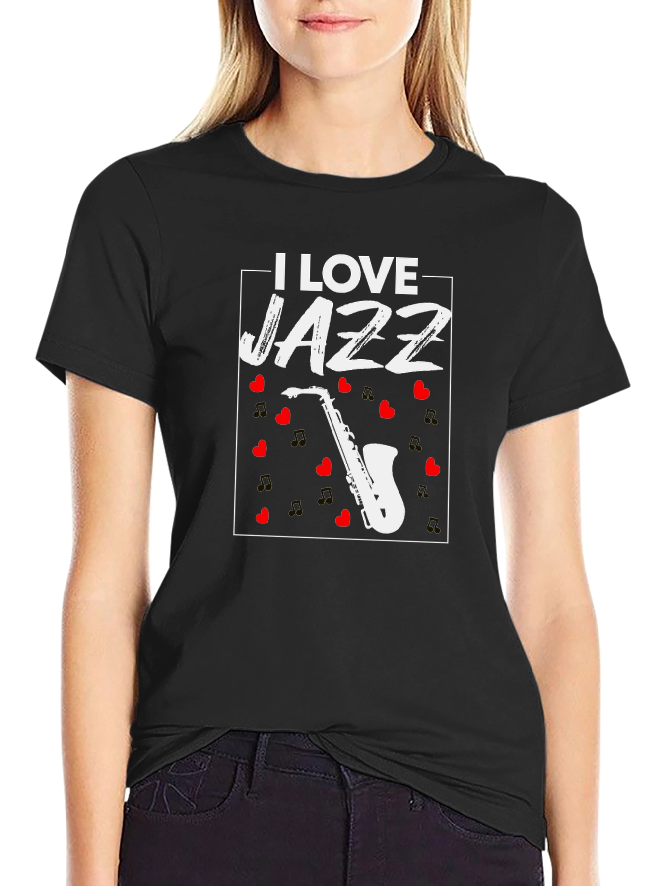 Black I Love Jazz Saxophone Graphic T-Shirt view 2