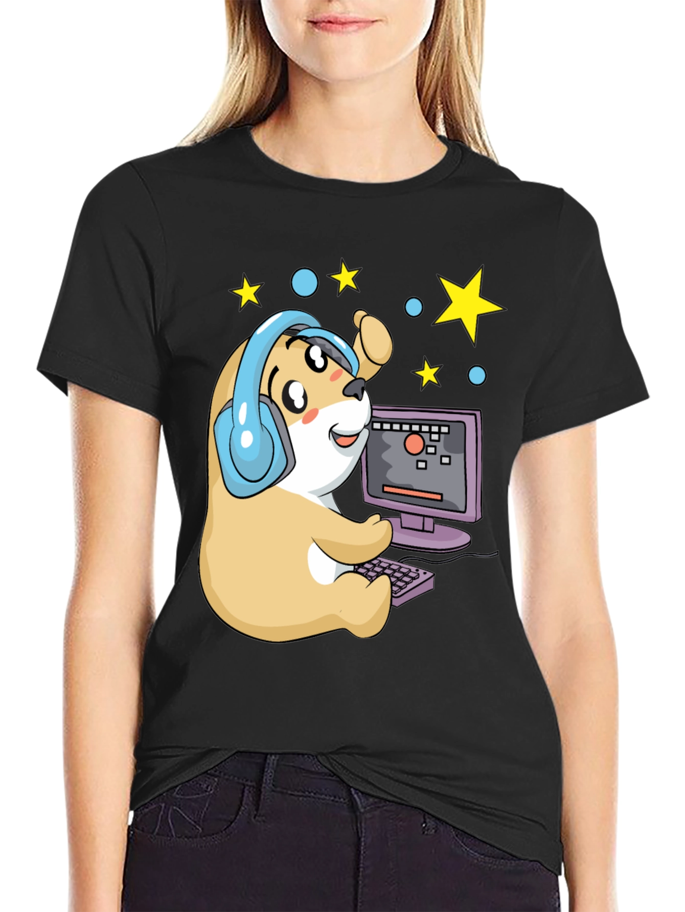 Black Gamer Hamster T-Shirt - Cute Cartoon Graphic Tee view 2