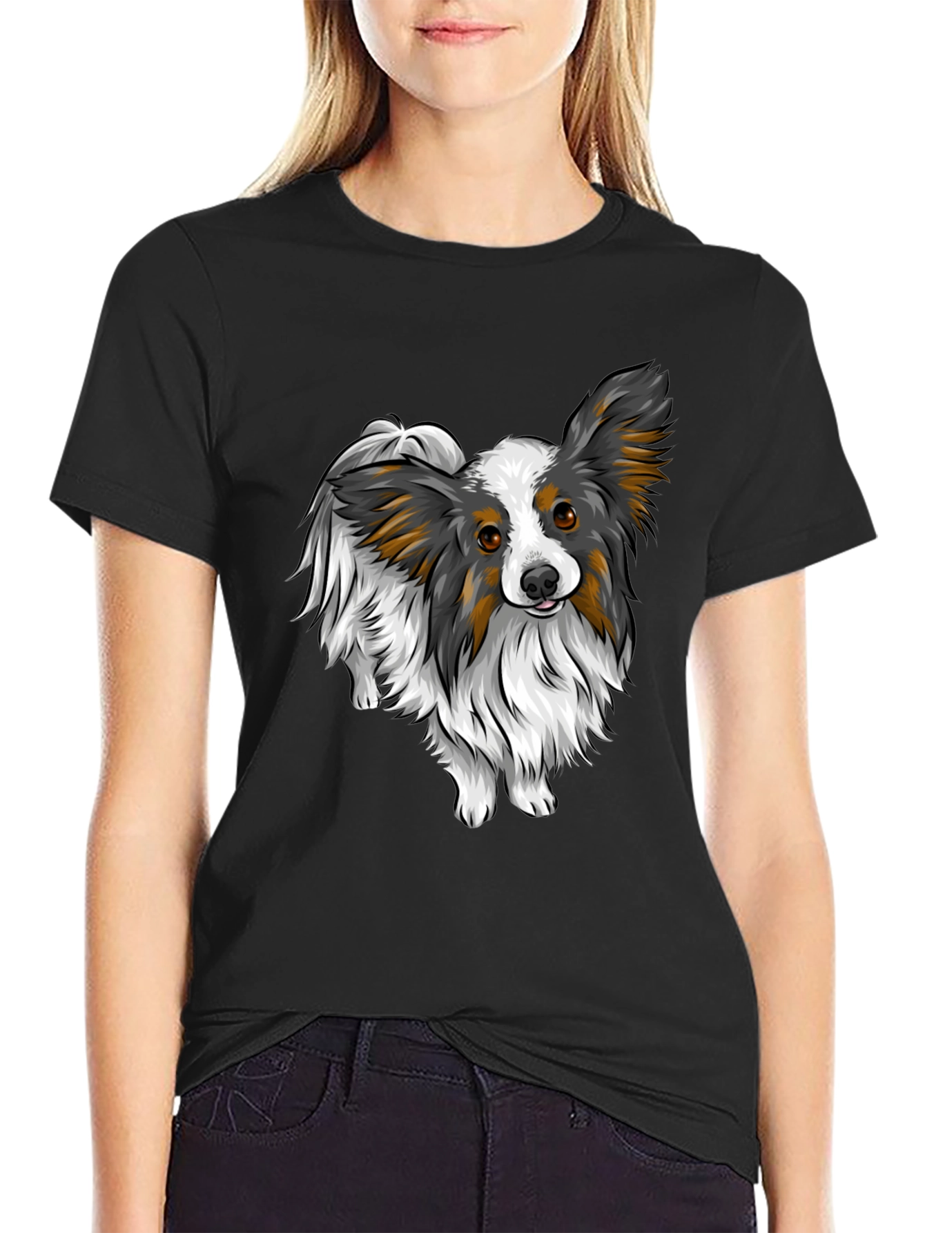 Black Papillon Dog Graphic Tee - Black Unisex Shirt view 2