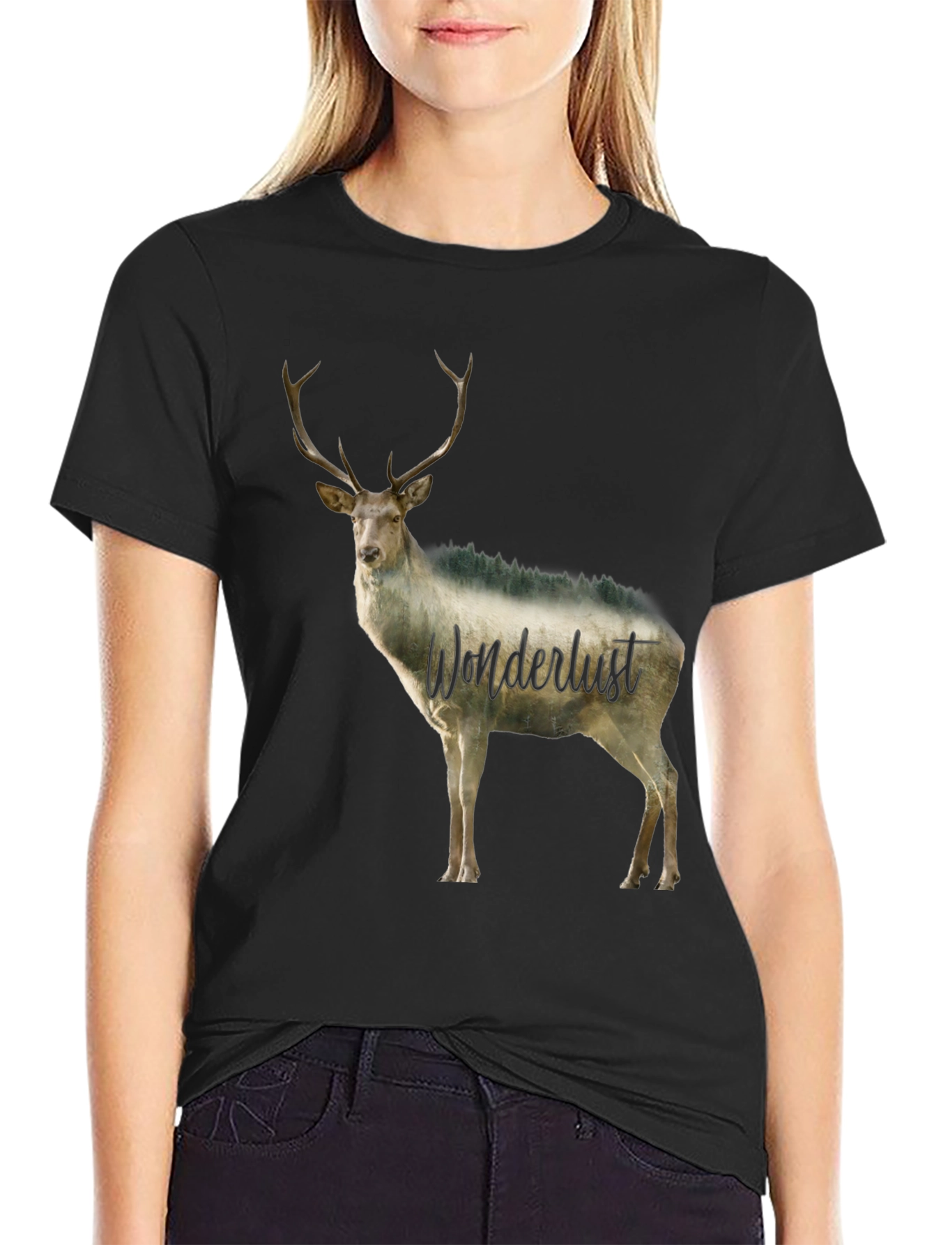 Black Wanderlust Deer Graphic Tee - Black Crew Neck view 2