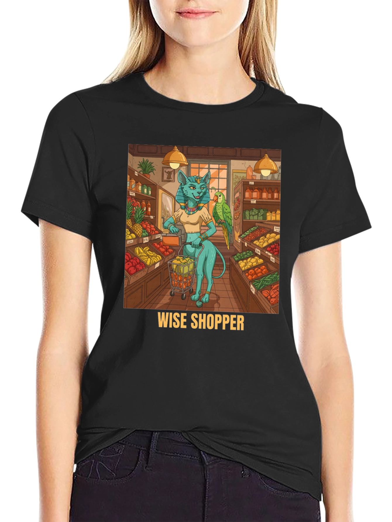 Black Wise Shopper T-Shirt, Cat Goddess, Fruit Market view 2