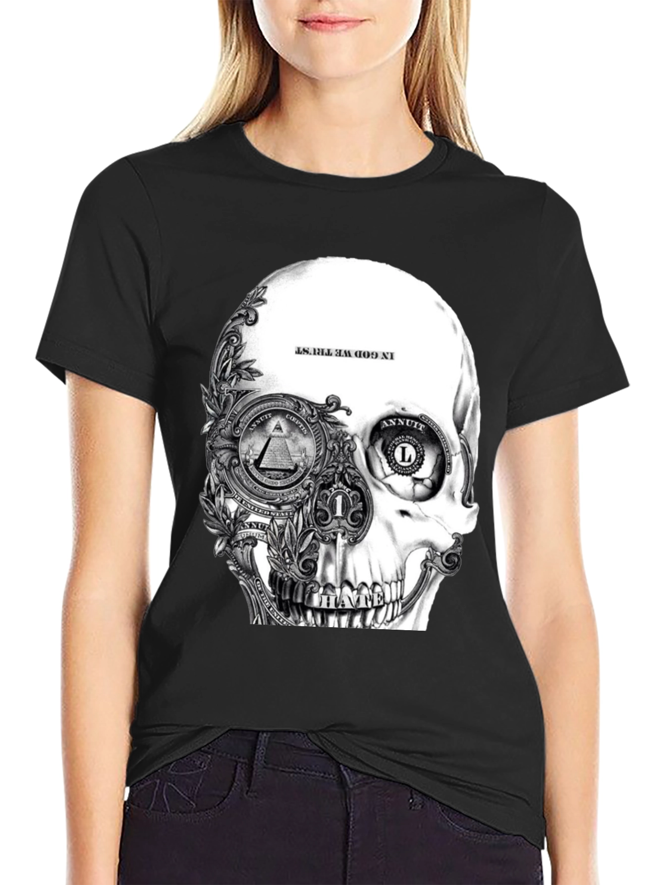 Black Skull & Money Graphic Print T-Shirt - Black view 2