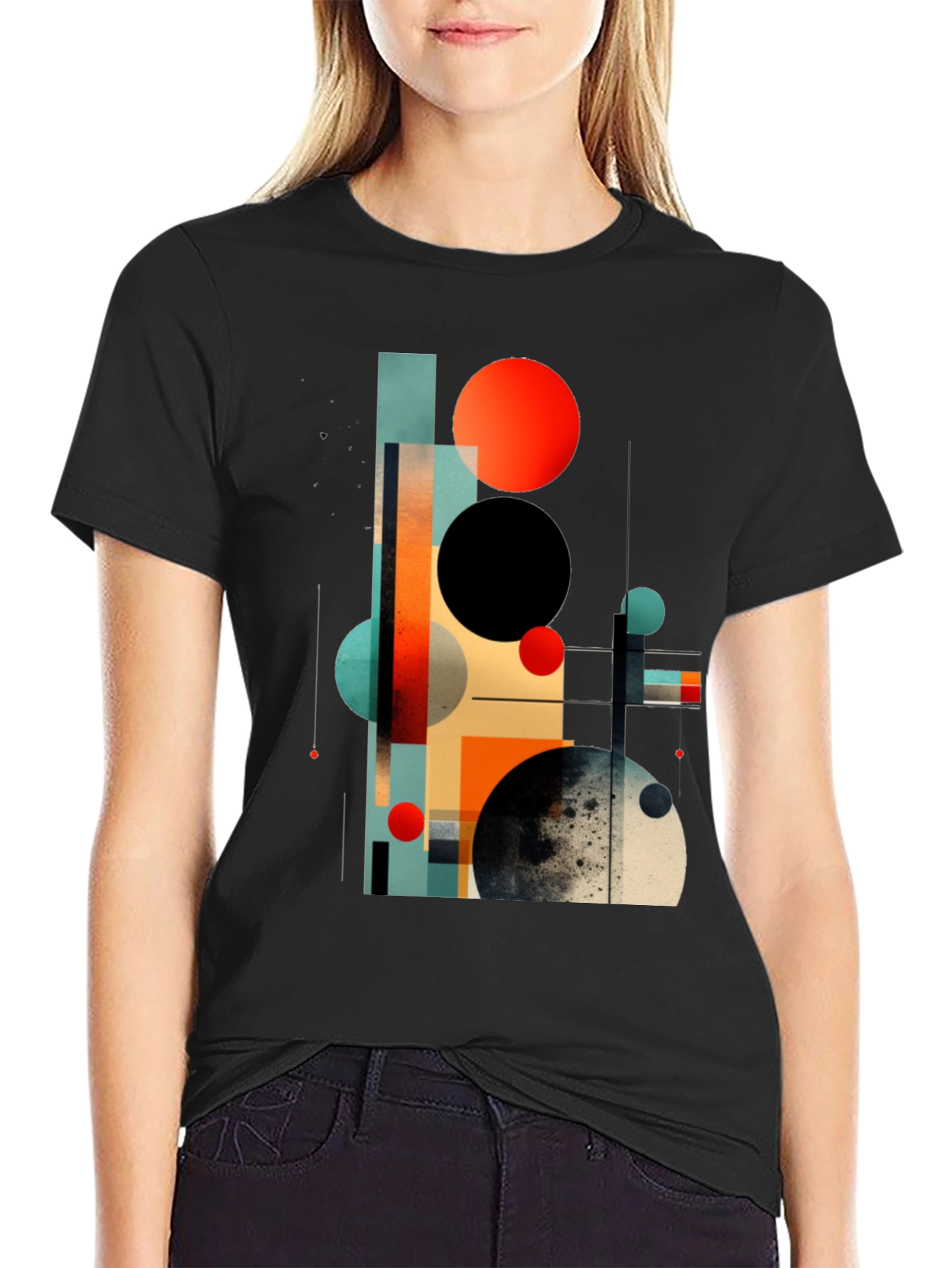 Black Abstract Geometric Print Black T-Shirt view 2