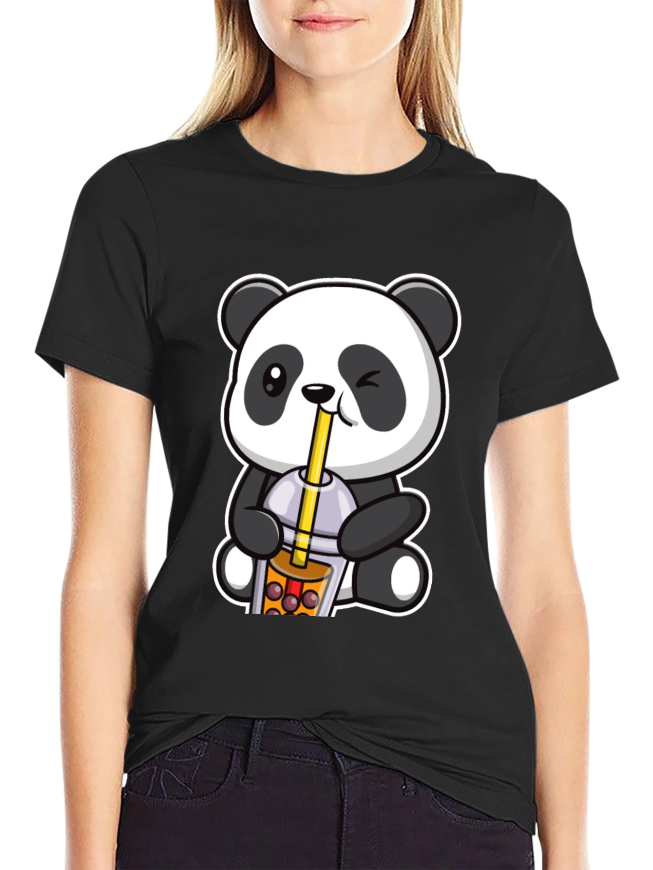 Black Cute Panda Boba Tea Graphic T-Shirt view 2
