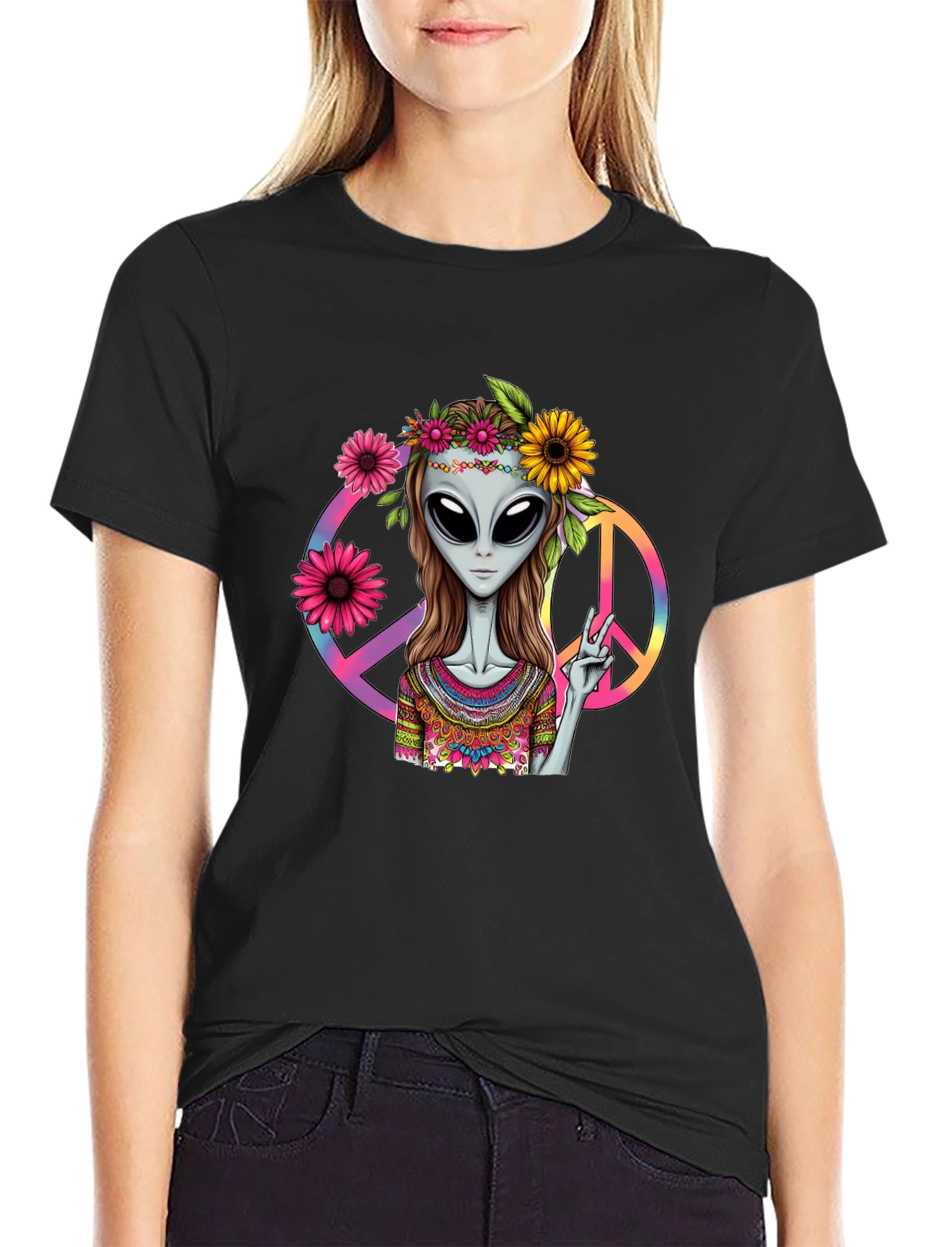 Black Alien Peace T-Shirt - Black Graphic Tee view 2
