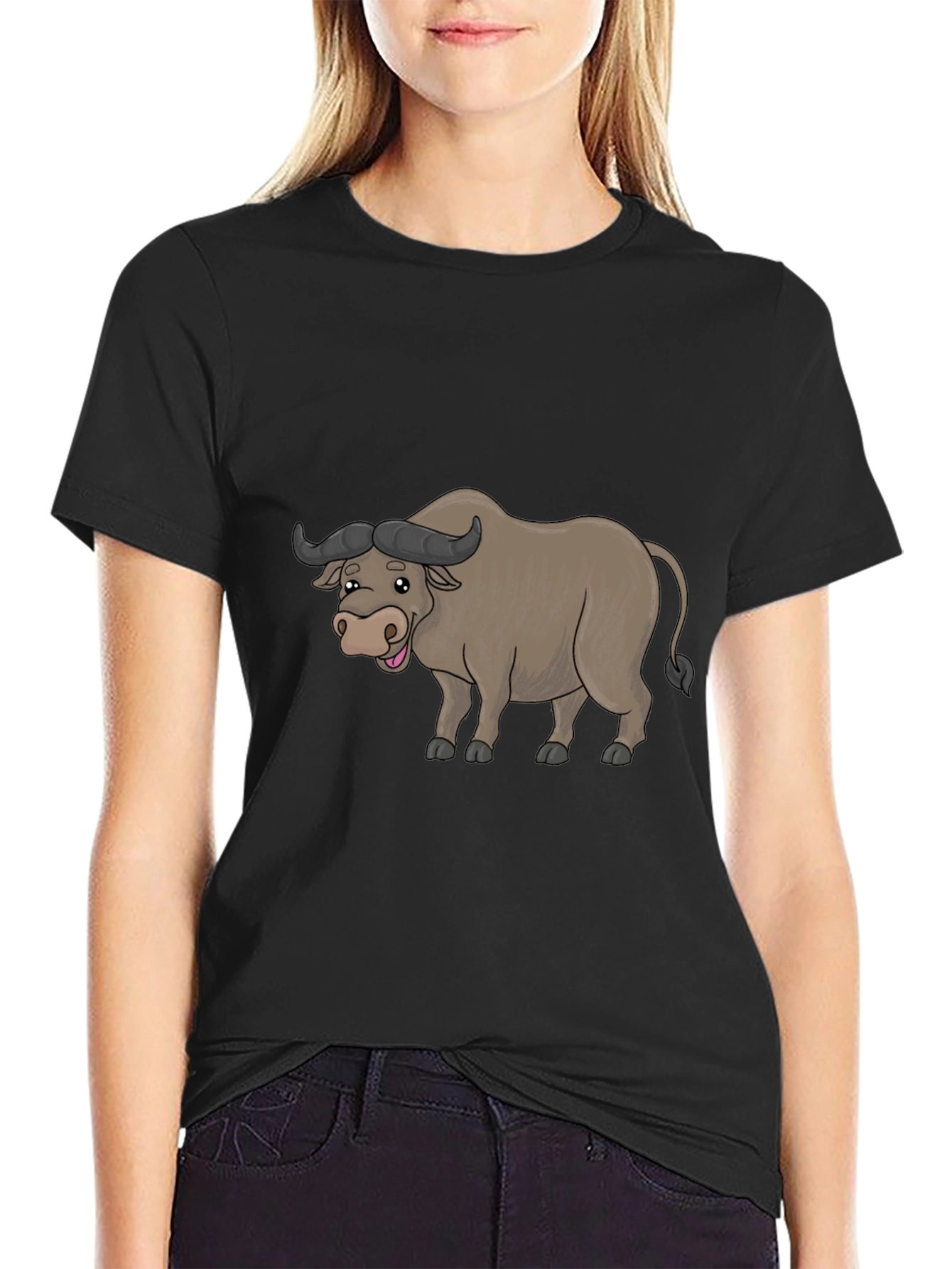 Black Funny Buffalo Cartoon Black T-Shirt view 2