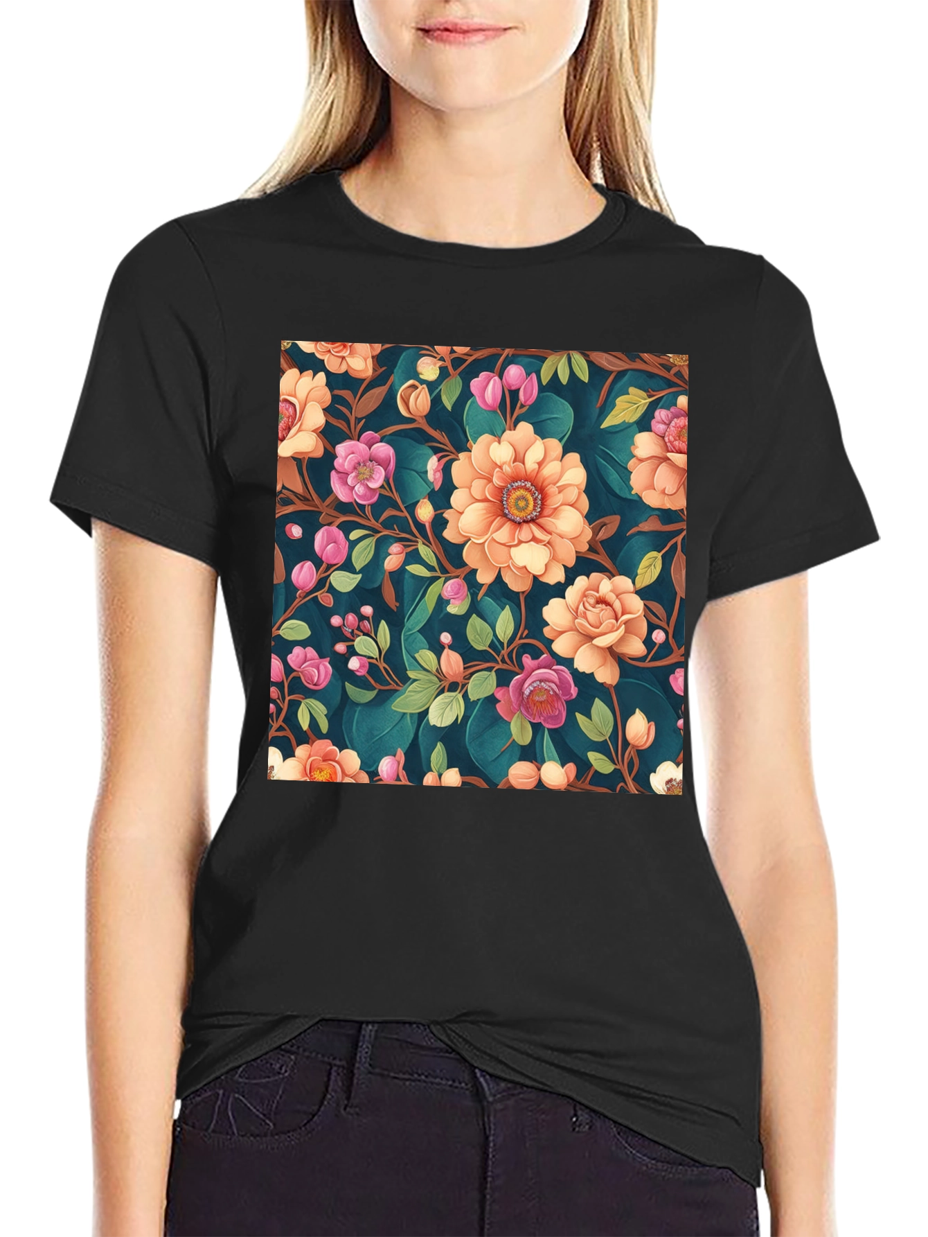 Black Floral Pattern Black T-Shirt: Stylish Print Tee view 2