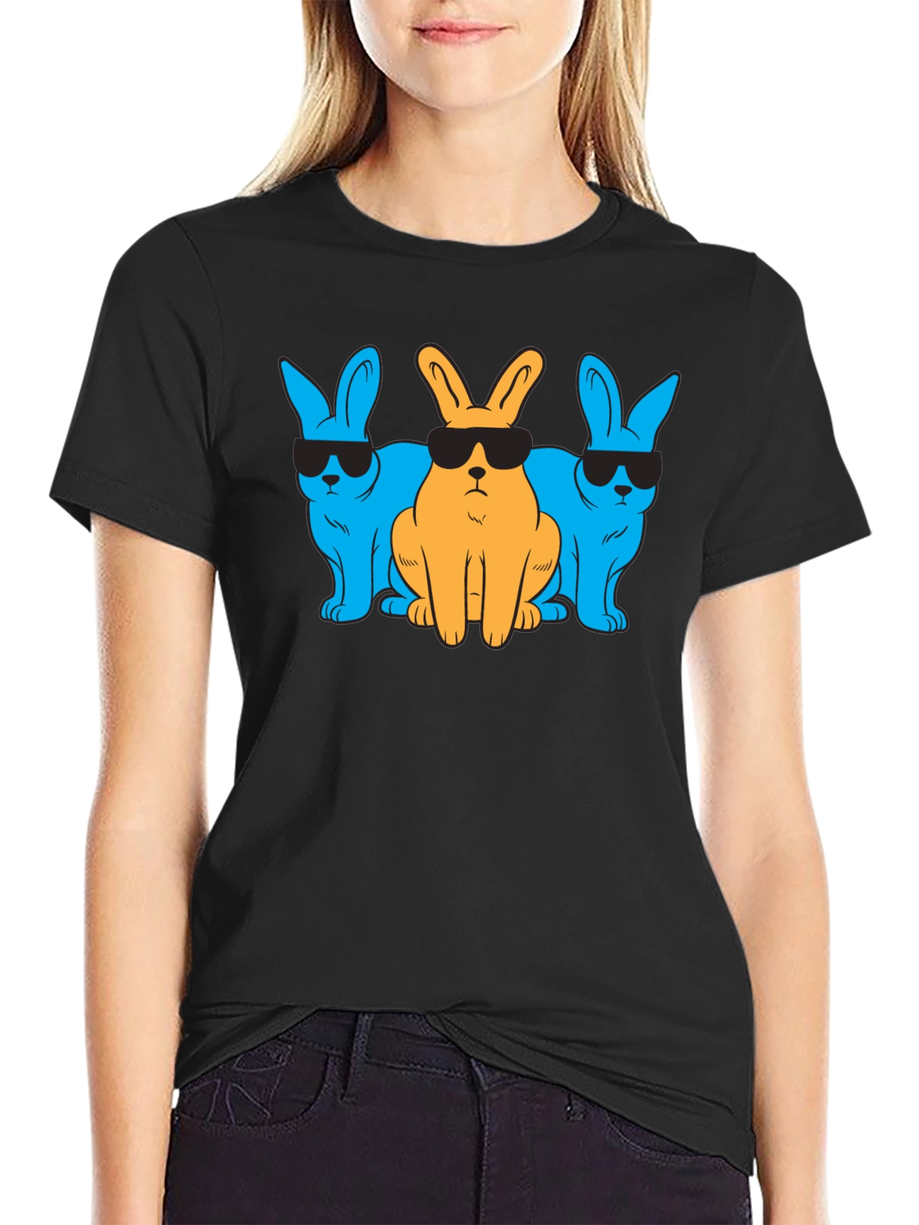Black Cool Rabbits Graphic T-Shirt - Black Cotton Tee view 2