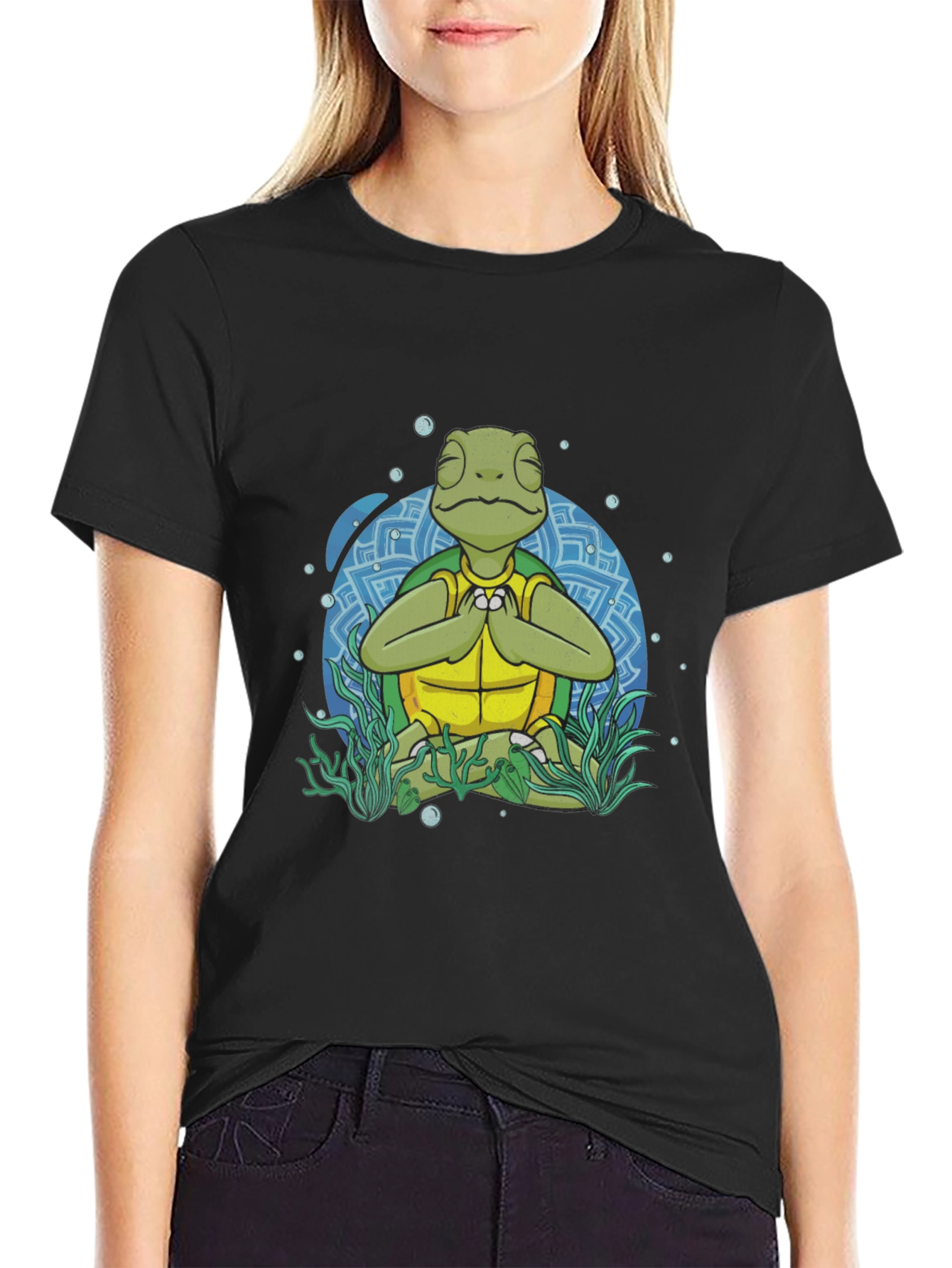 Black Meditating Sea Turtle Men's Graphic T-Shirt view 2