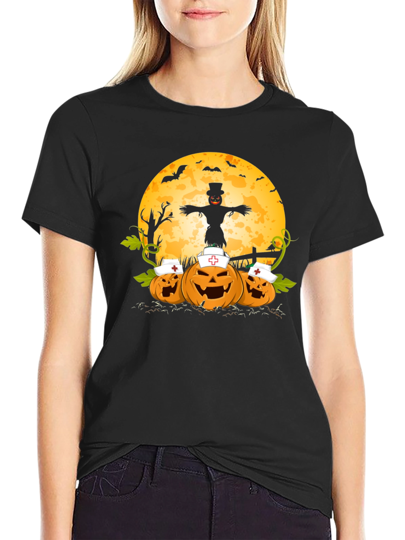 Black Halloween Nurse Pumpkins T-Shirt view 2
