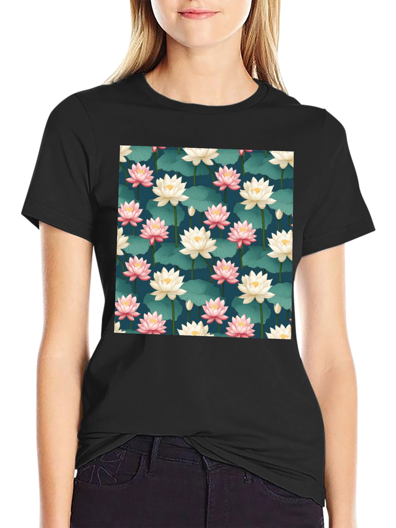Black Lotus Pattern T-Shirt view 2