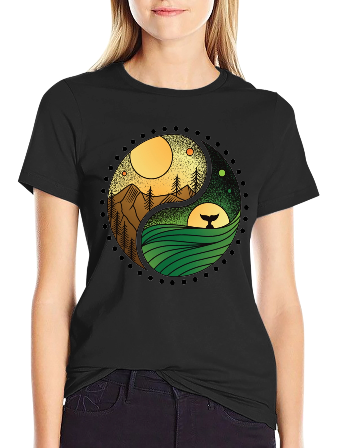 Black Yin Yang Nature T-Shirt - Mountain & Ocean Design view 2