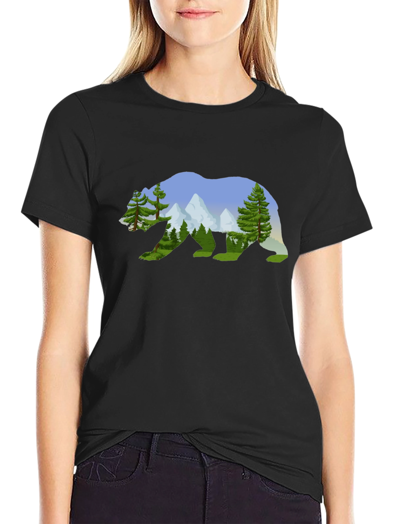 Black Nature Bear Graphic Tee - Black Cotton Shirt view 2