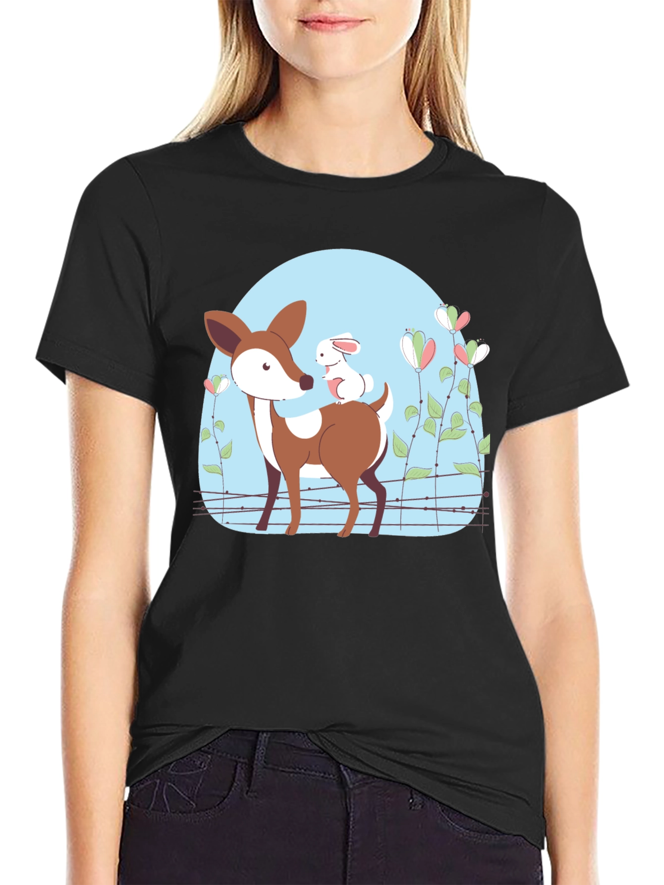 Black Cute Deer & Rabbit Graphic Black T-Shirt view 2