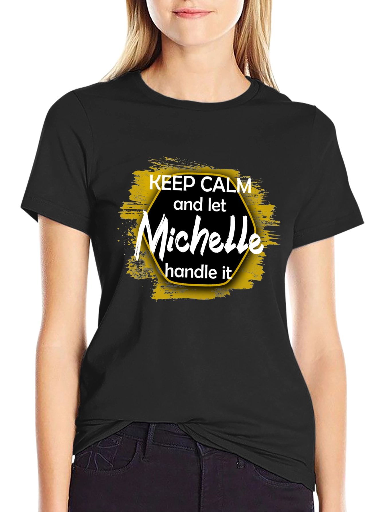 Black Keep Calm Michelle T-Shirt, Funny Personalized Name Tee view 2