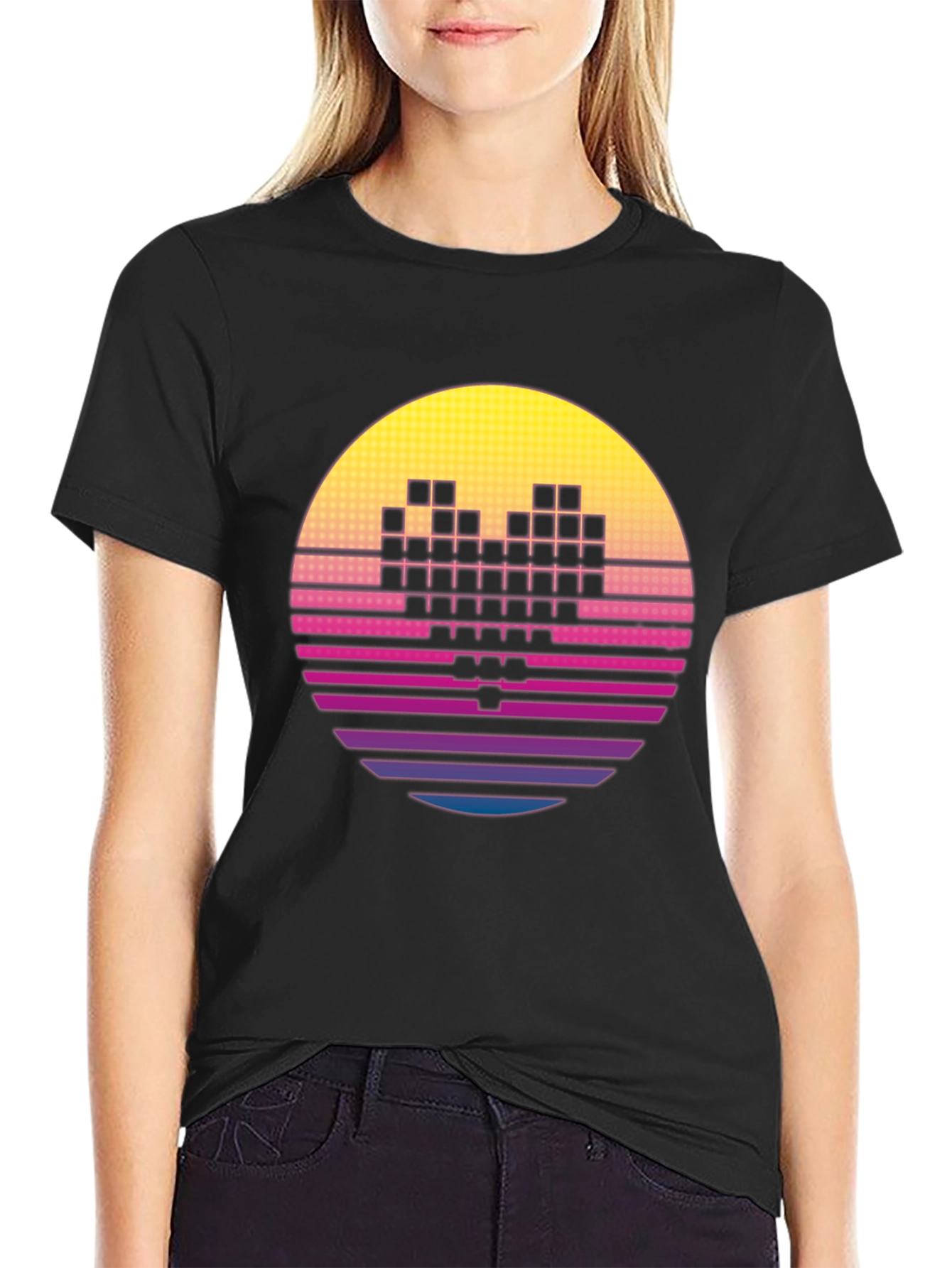 Black Retro Pixel Heart T-Shirt - Synthwave Style view 2