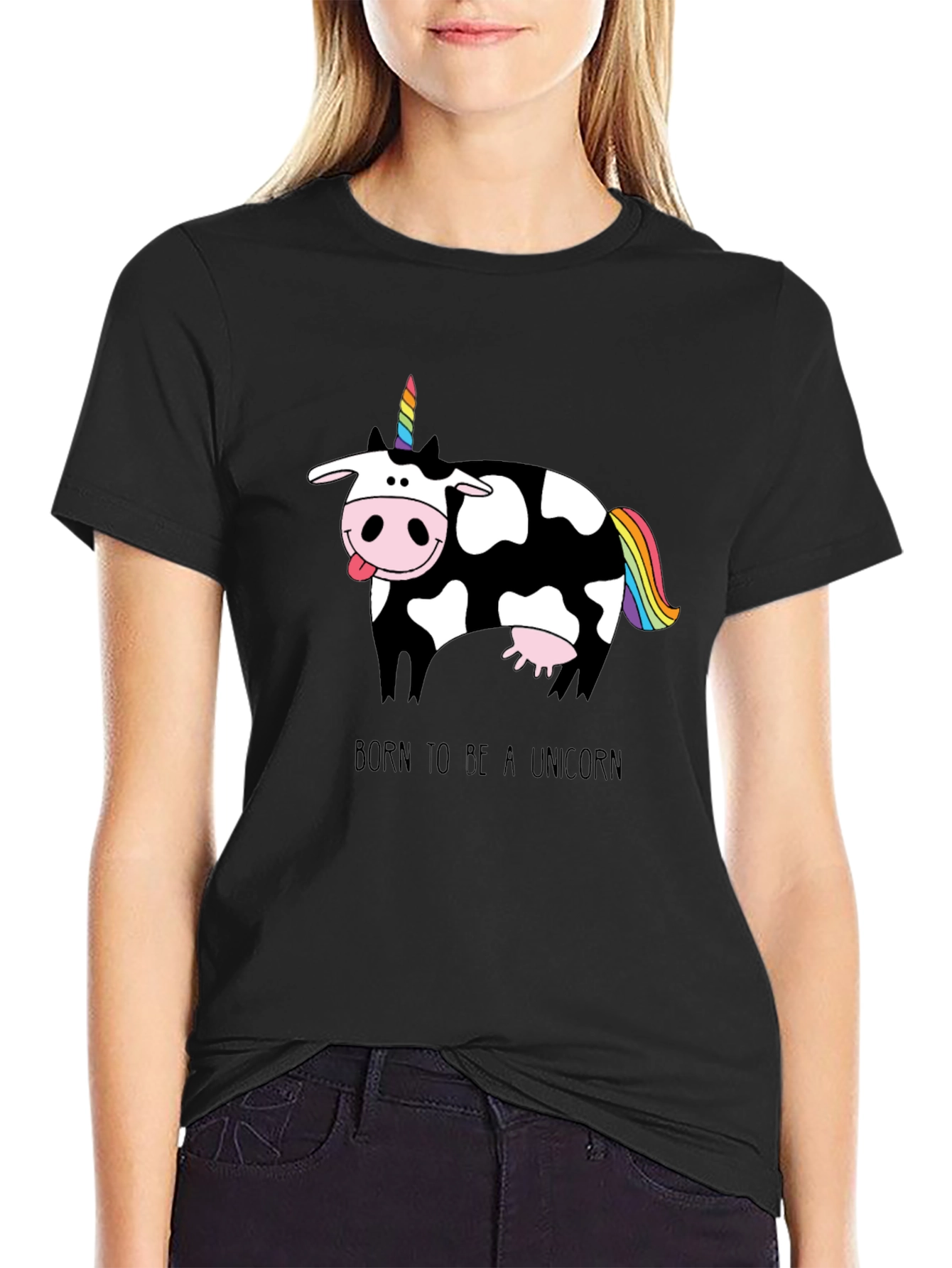Black Funny Cow Unicorn T-Shirt - Born to Be a Unicorn view 2