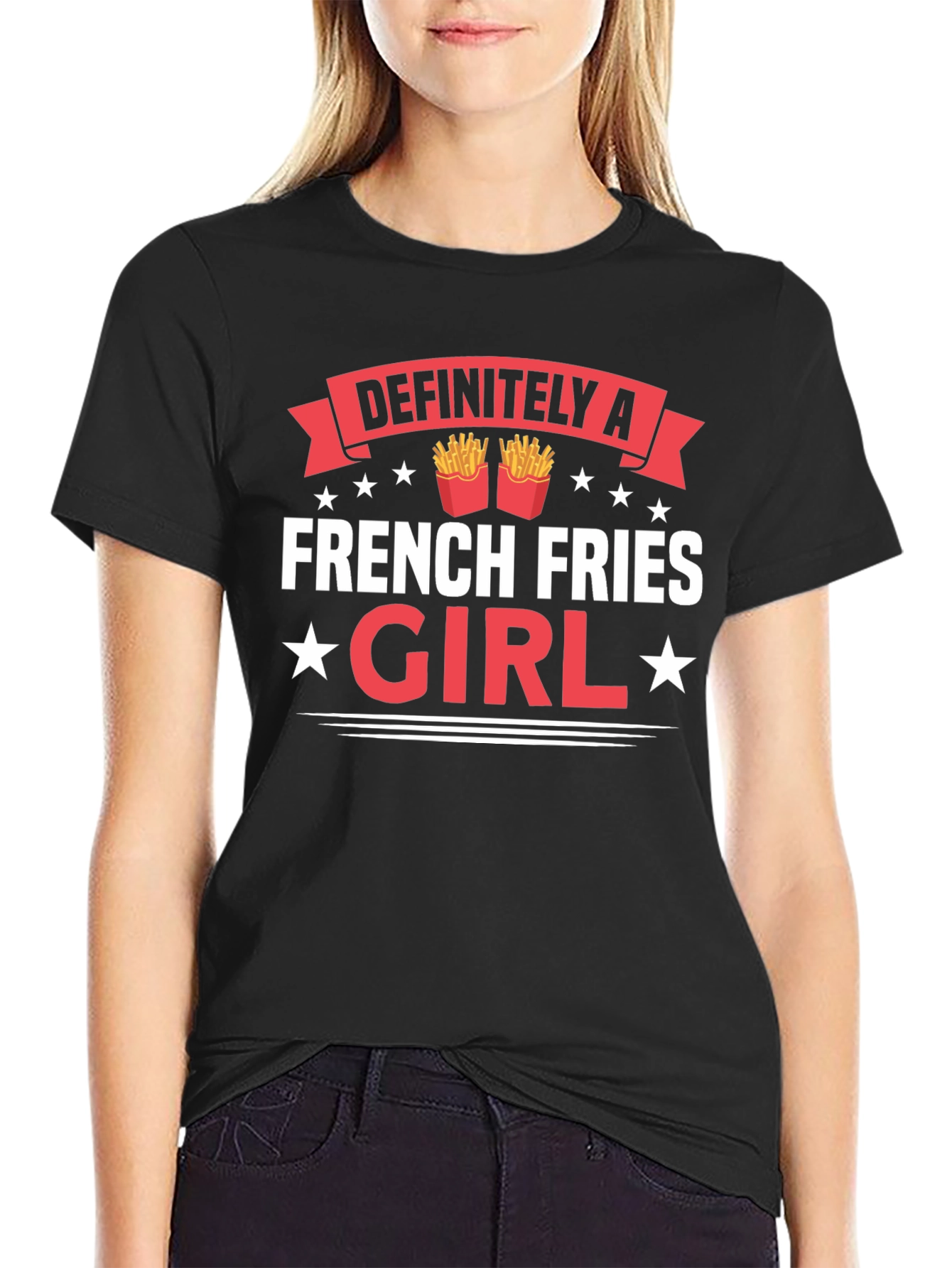 Black Funny French Fries Girl T-Shirt - Foodie Tee view 2