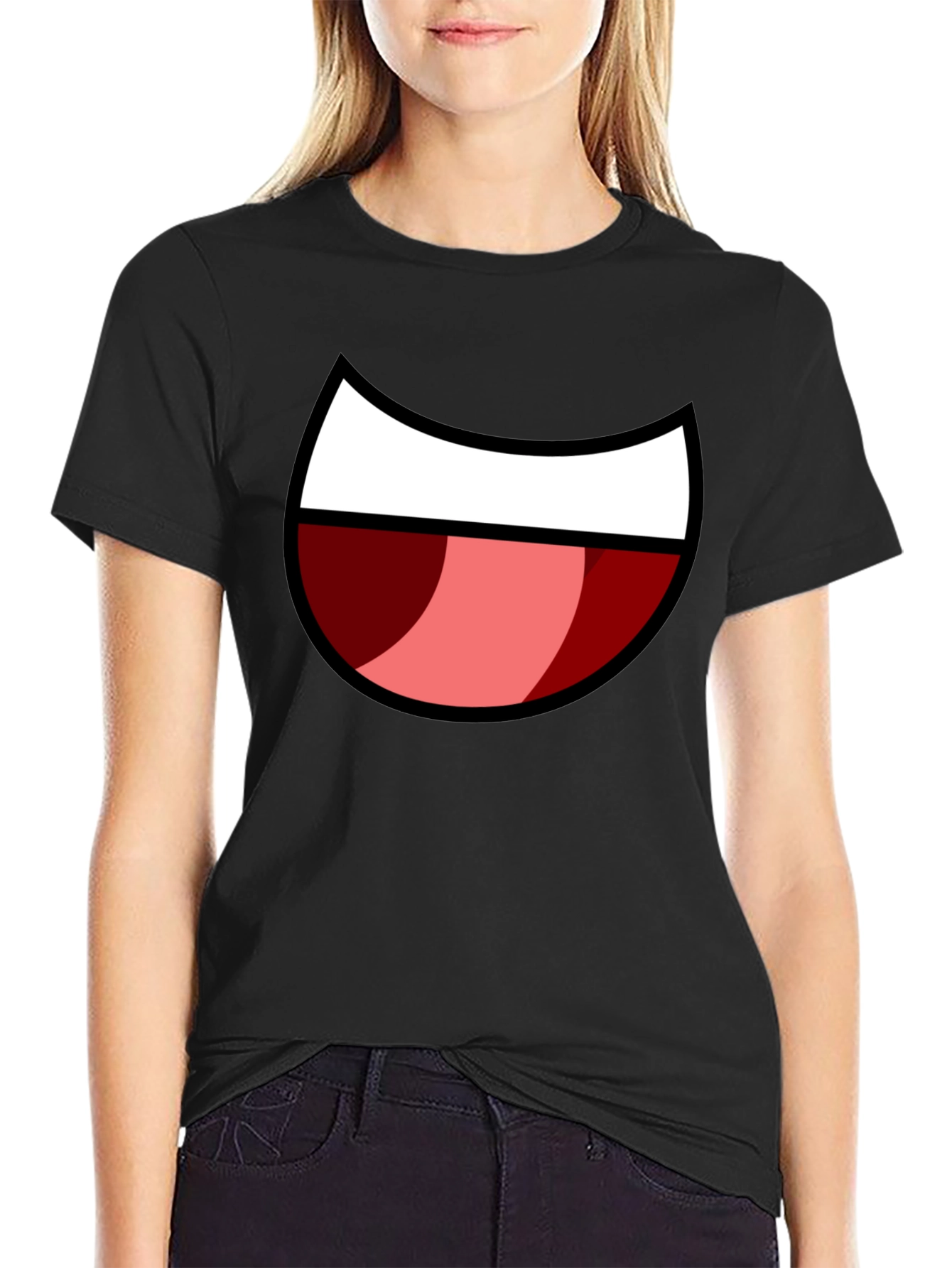 Black Cartoon Mouth Graphic Tee - Black Cotton Blend view 2