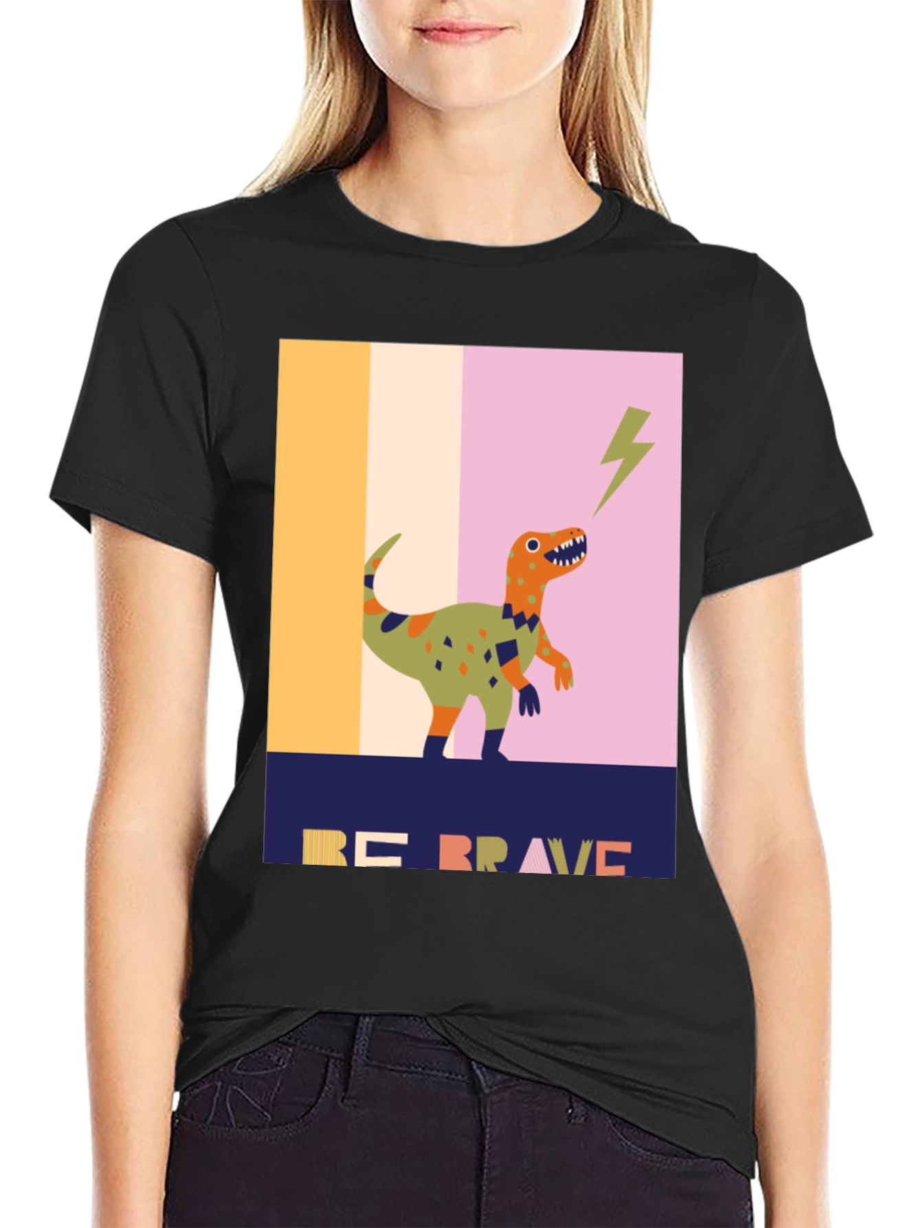 Black Be Brave Dinosaur Graphic Tee - Unique Design view 2