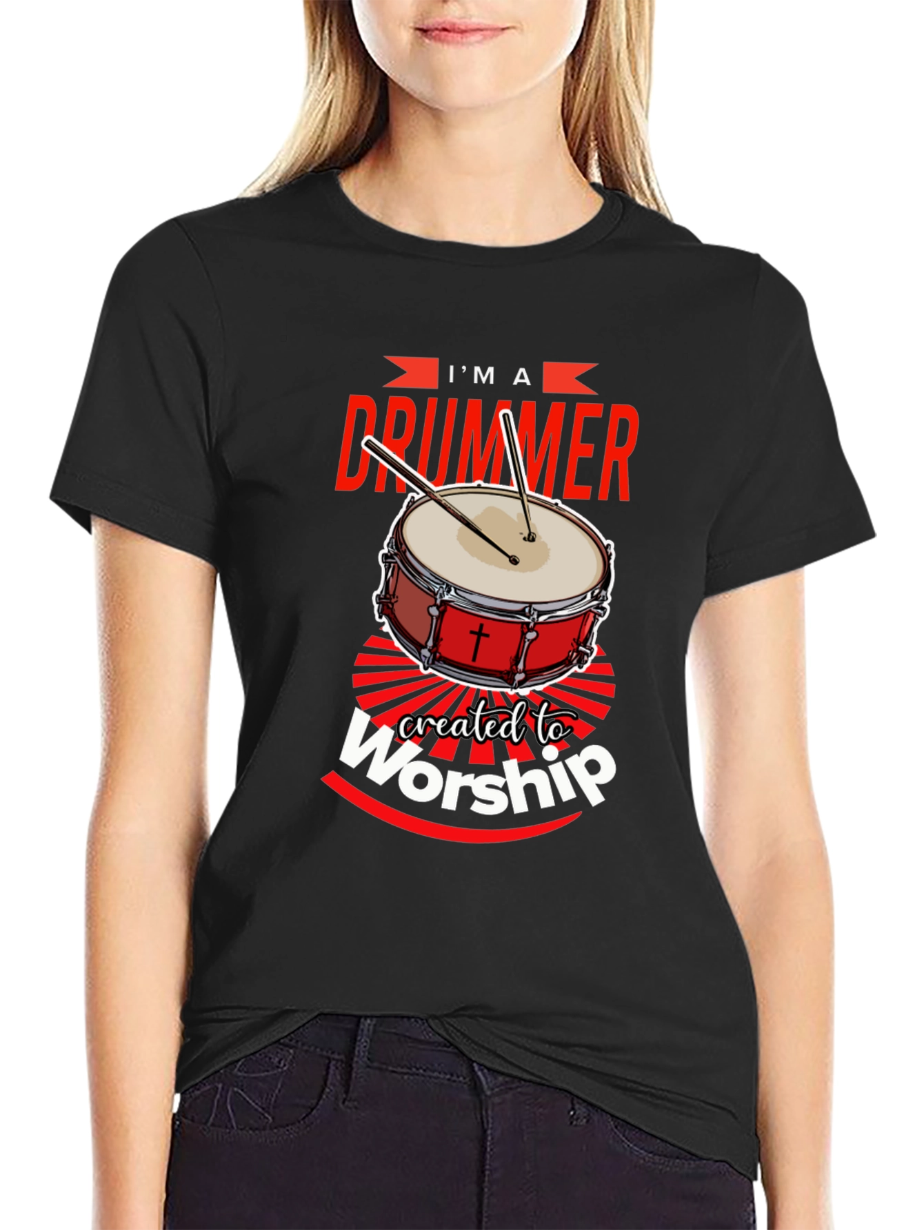 Black I'm A Drummer Created To Worship T-Shirt view 2