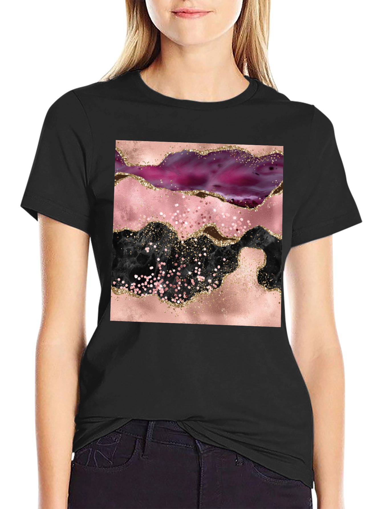 Black Abstract Geode Print Black Crew Neck T-Shirt view 2