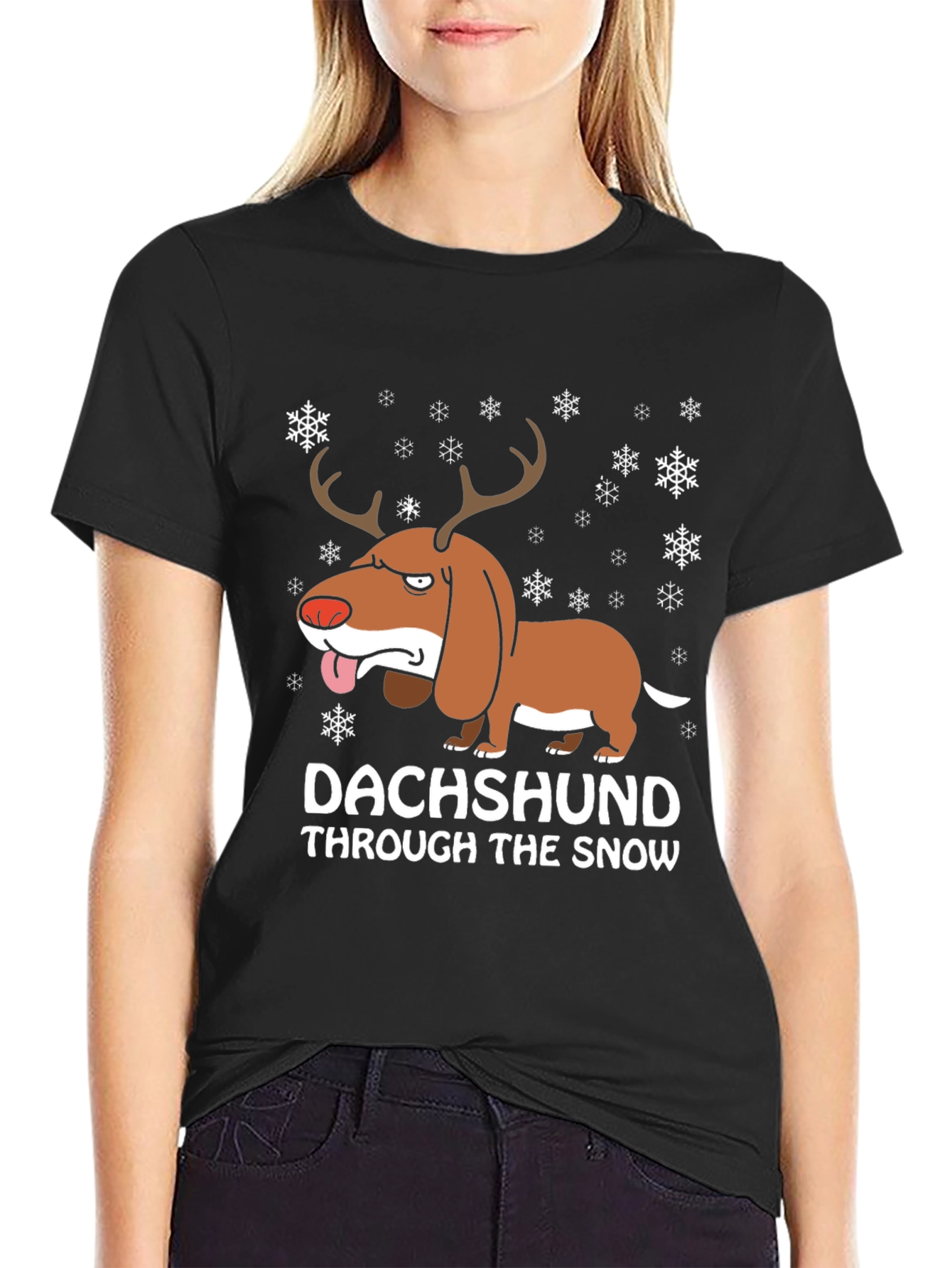 Black Dachshund Through the Snow Holiday T-Shirt view 2