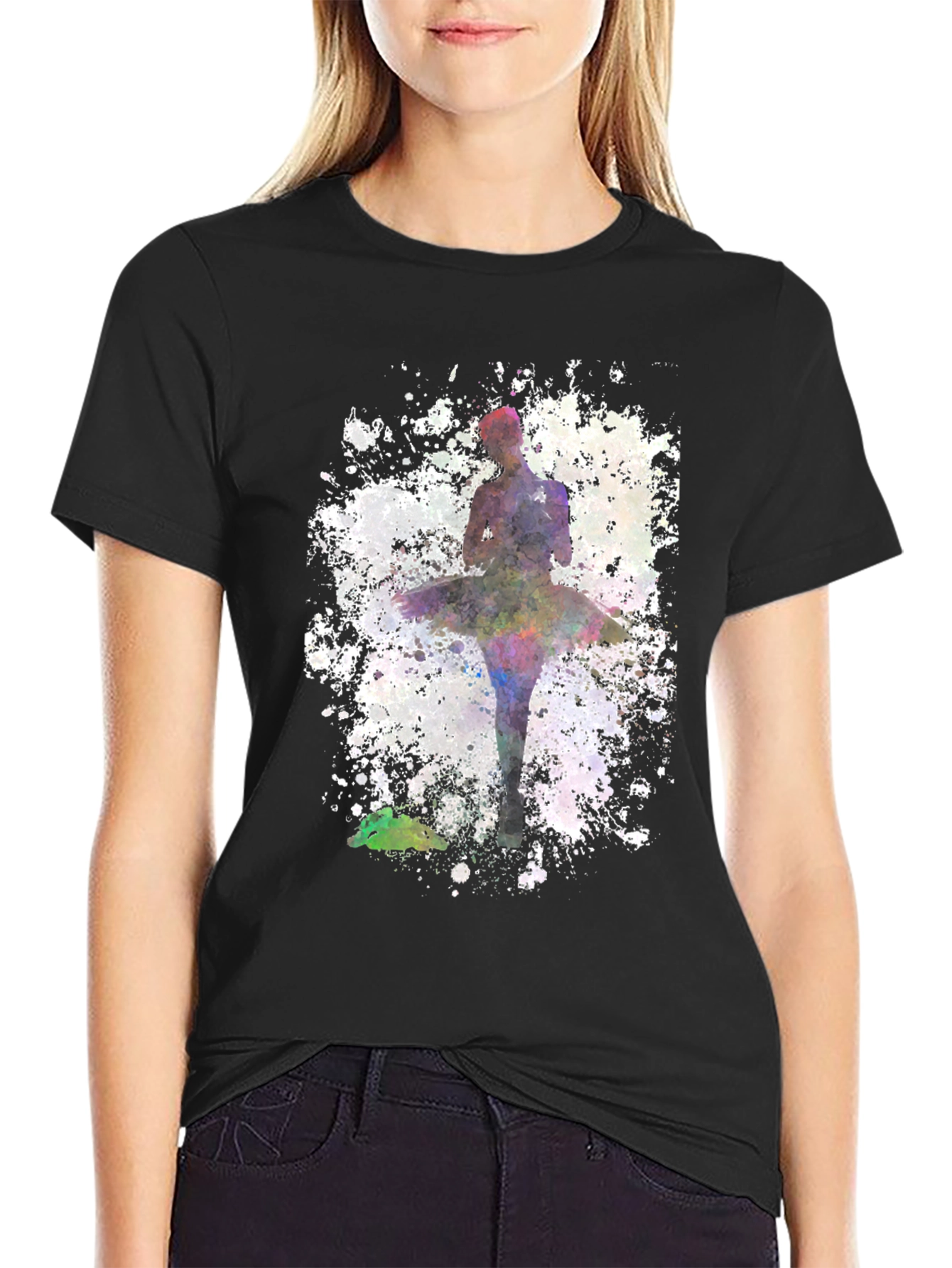 Black Watercolor Ballerina Black T-Shirt - Dance Lover Tee view 2