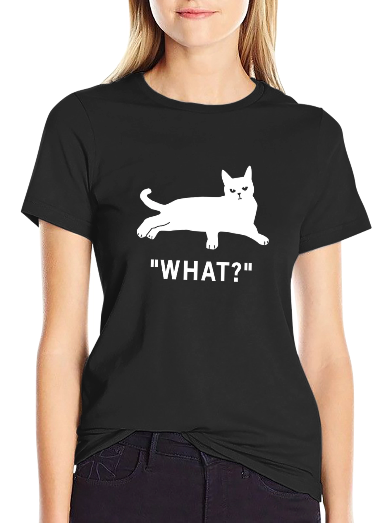 Black Cat What? T-Shirt - Unisex Black Tee view 2