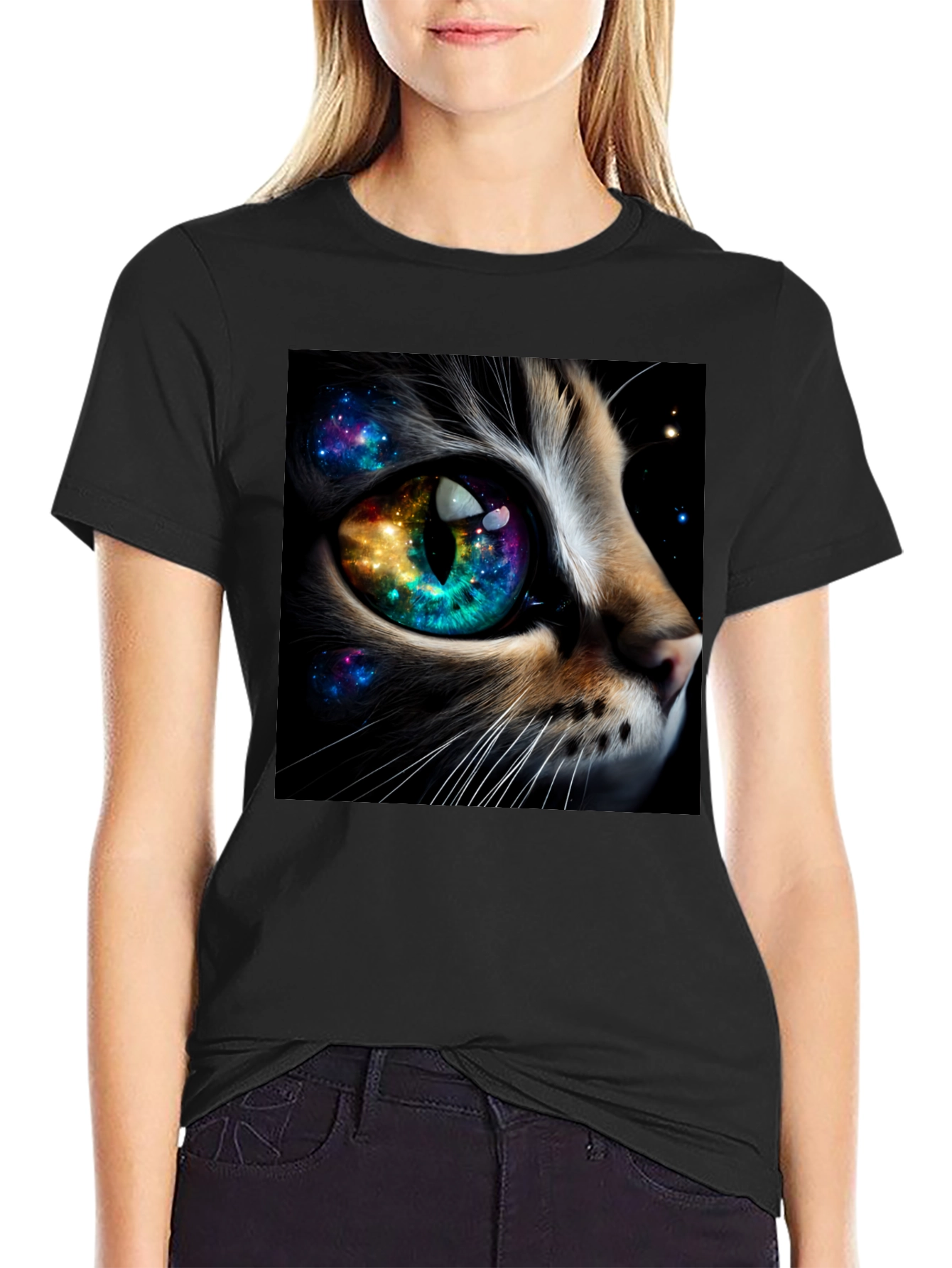 Black Cosmic Cat Eye T-Shirt - Unique Galaxy Design view 2