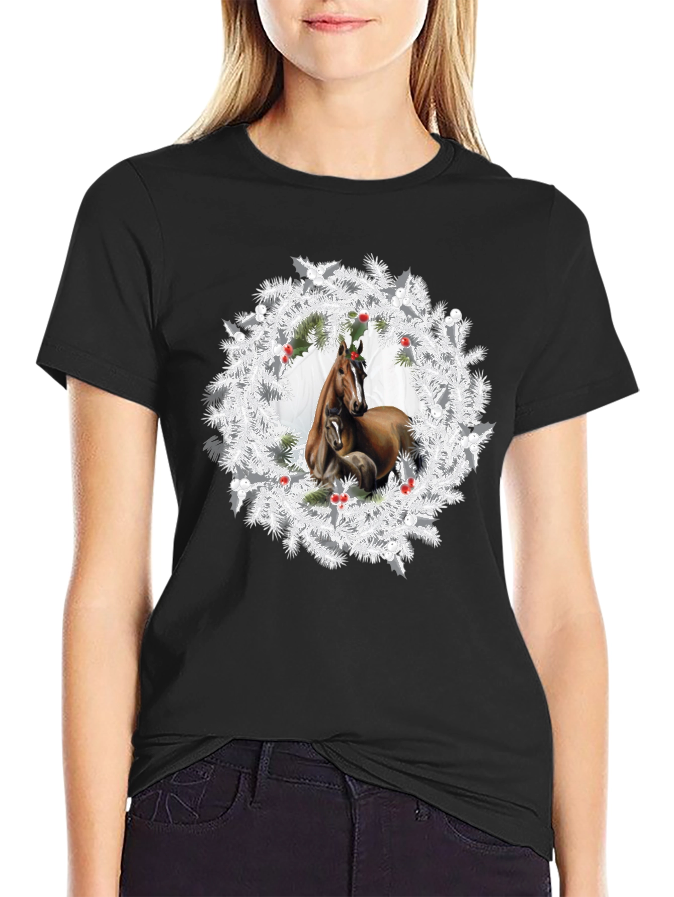 Black Horse Wreath T-Shirt - Christmas Apparel view 2