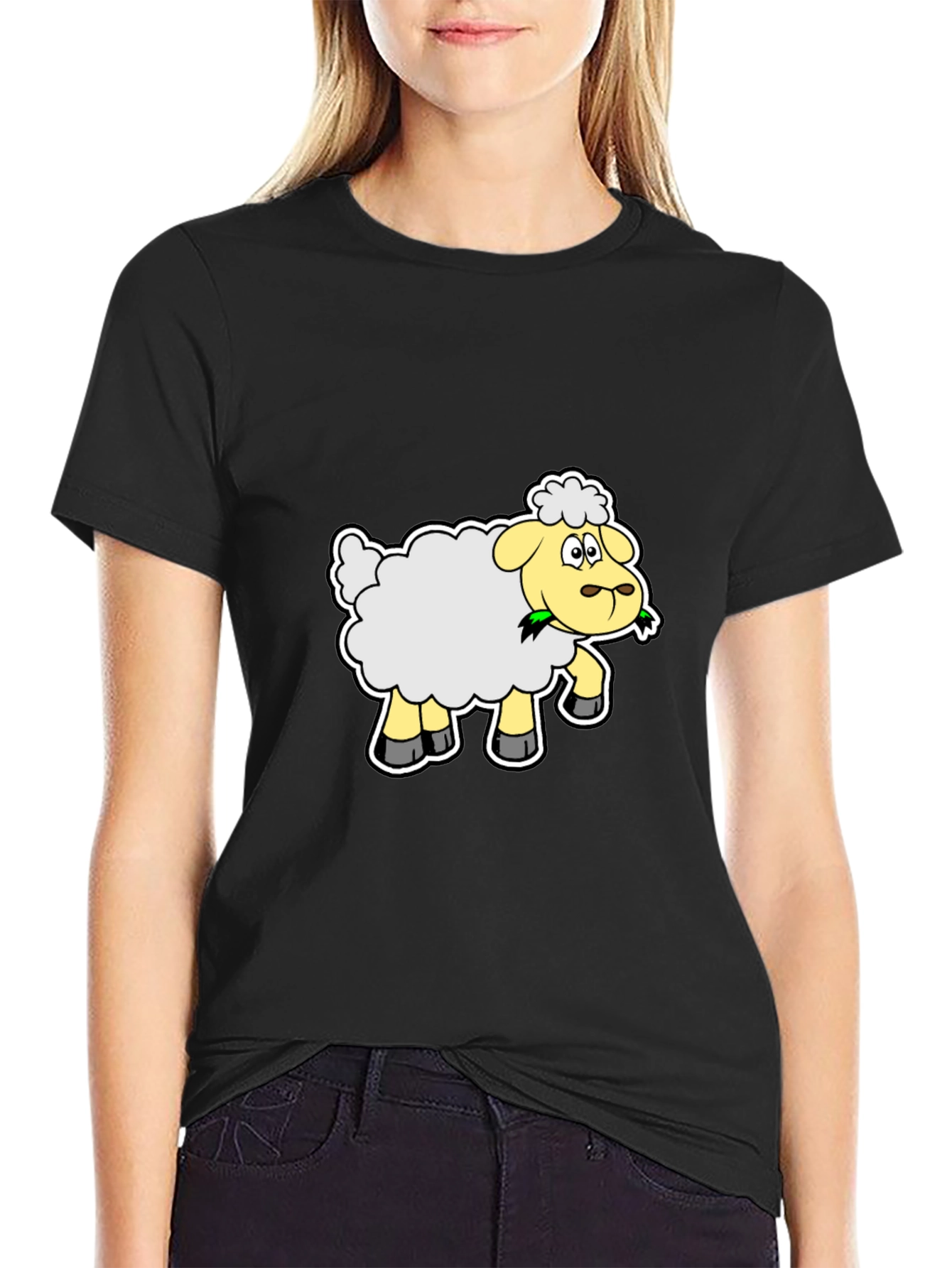 Black Cute Cartoon Sheep Graphic Tee - Black Cotton Shirt view 2